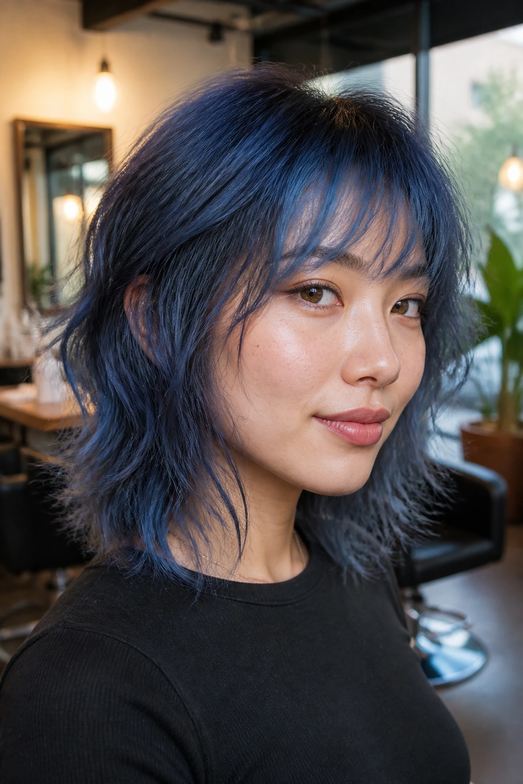 Close-up portrait of a denim blue shag with wispy fringe on a real person