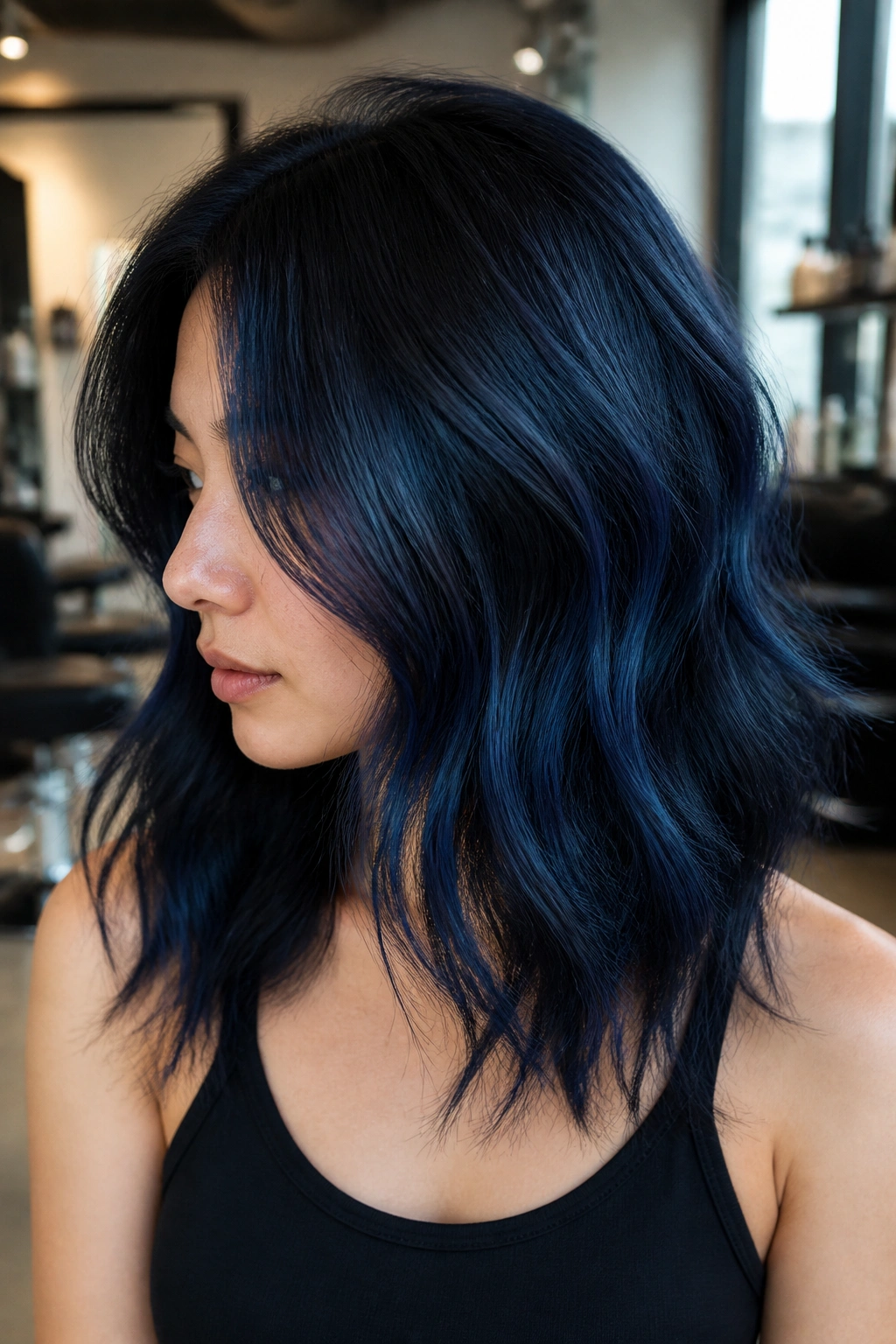 Close-up of denim blue wash over black hair on a real person
