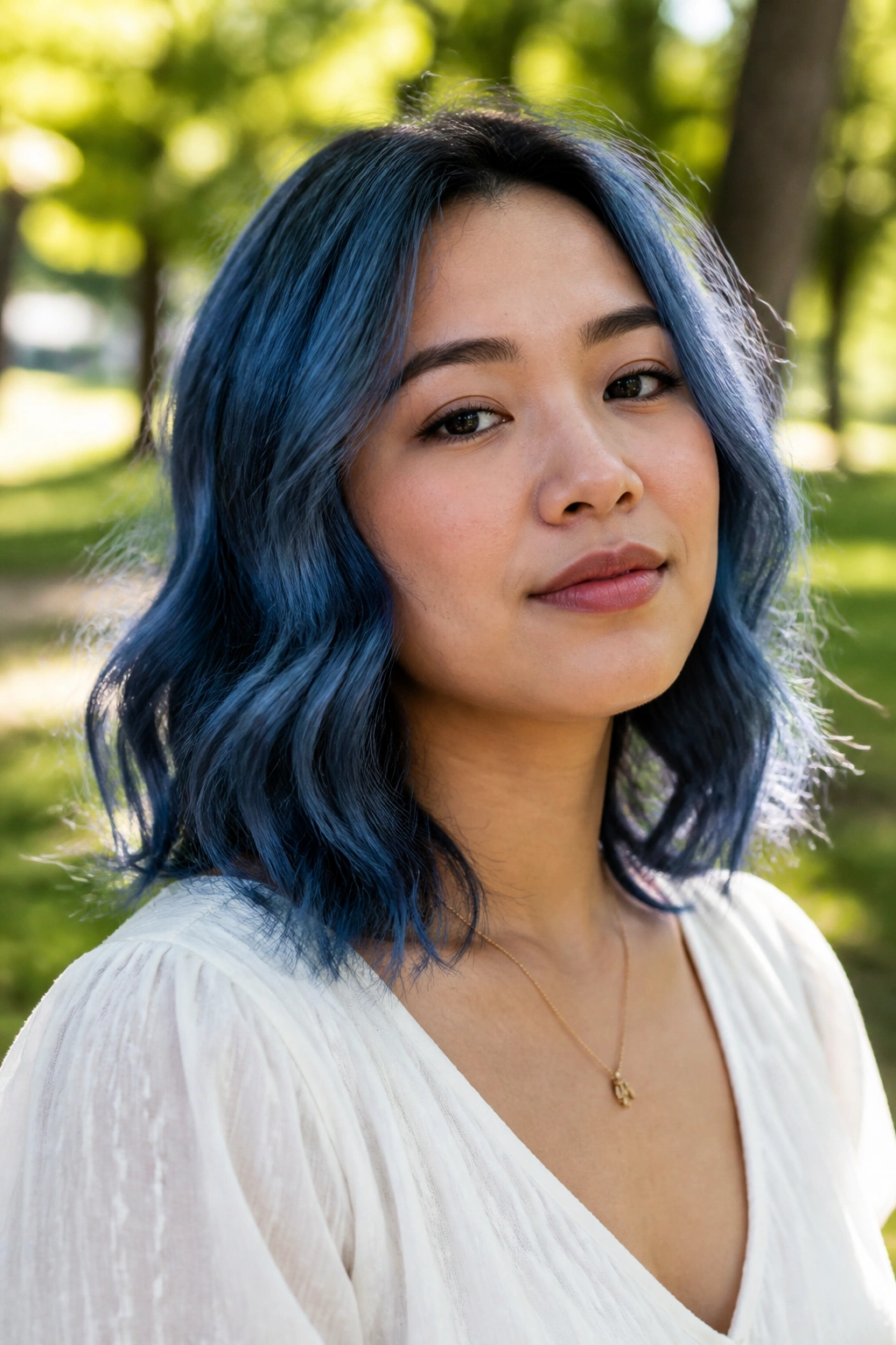 Portrait of a woman with denim-blue shoulder-length waves framing her face