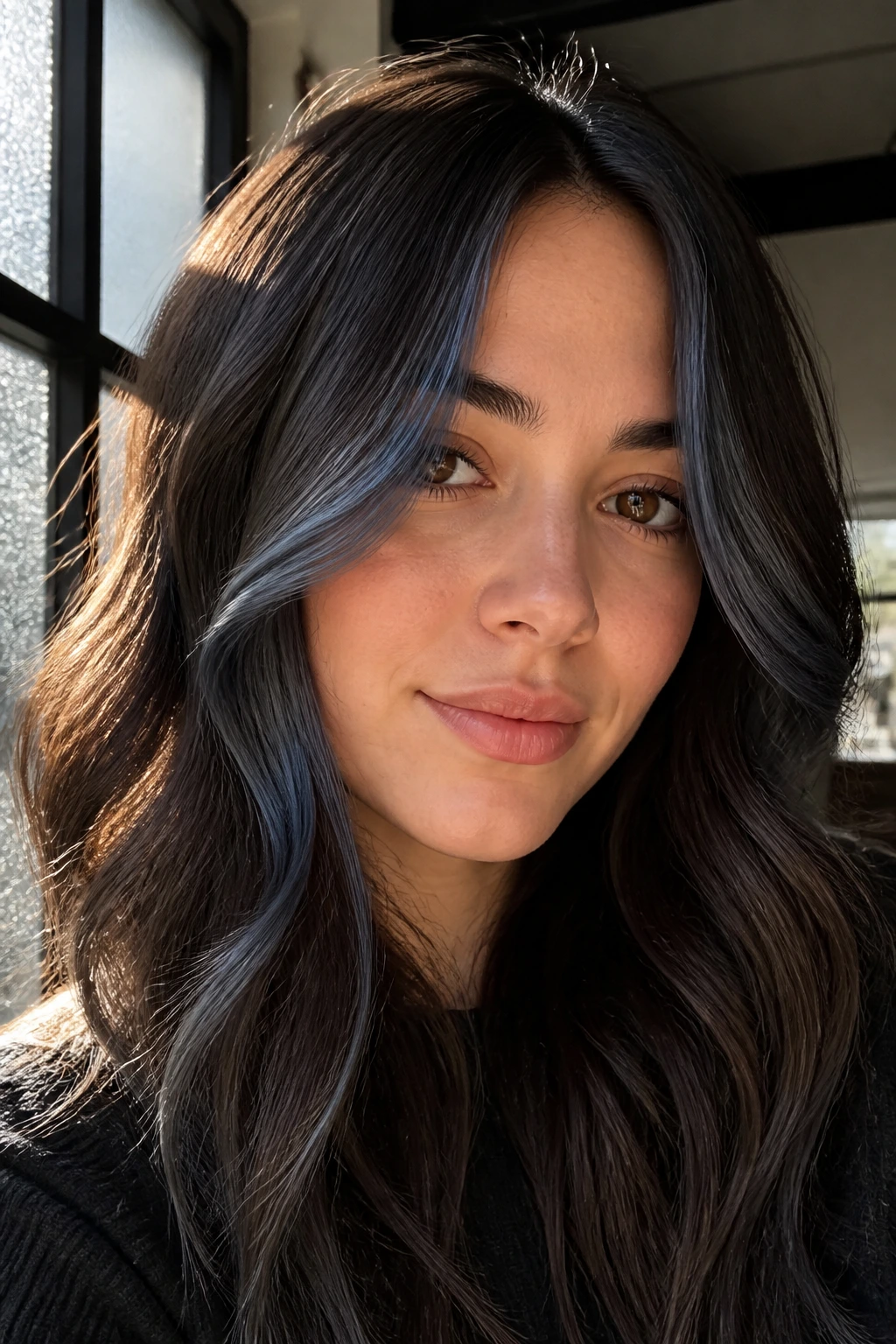 Close-up of a real person with denim brown face-framing pieces framing the face