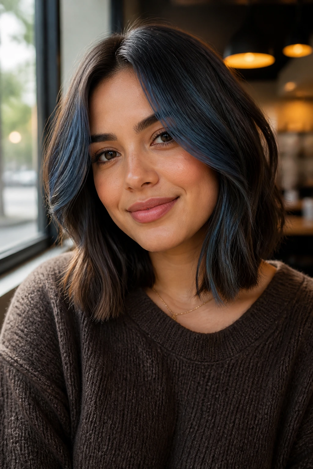 Mocha lob with denim curtain lights framing the face