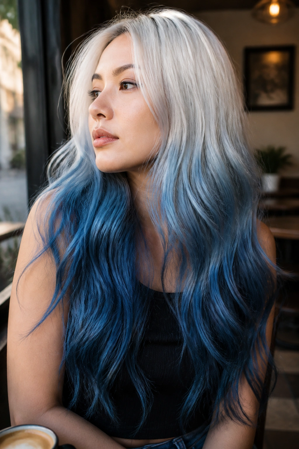 Real person with denim blue gradient on long hair in a cafe setting