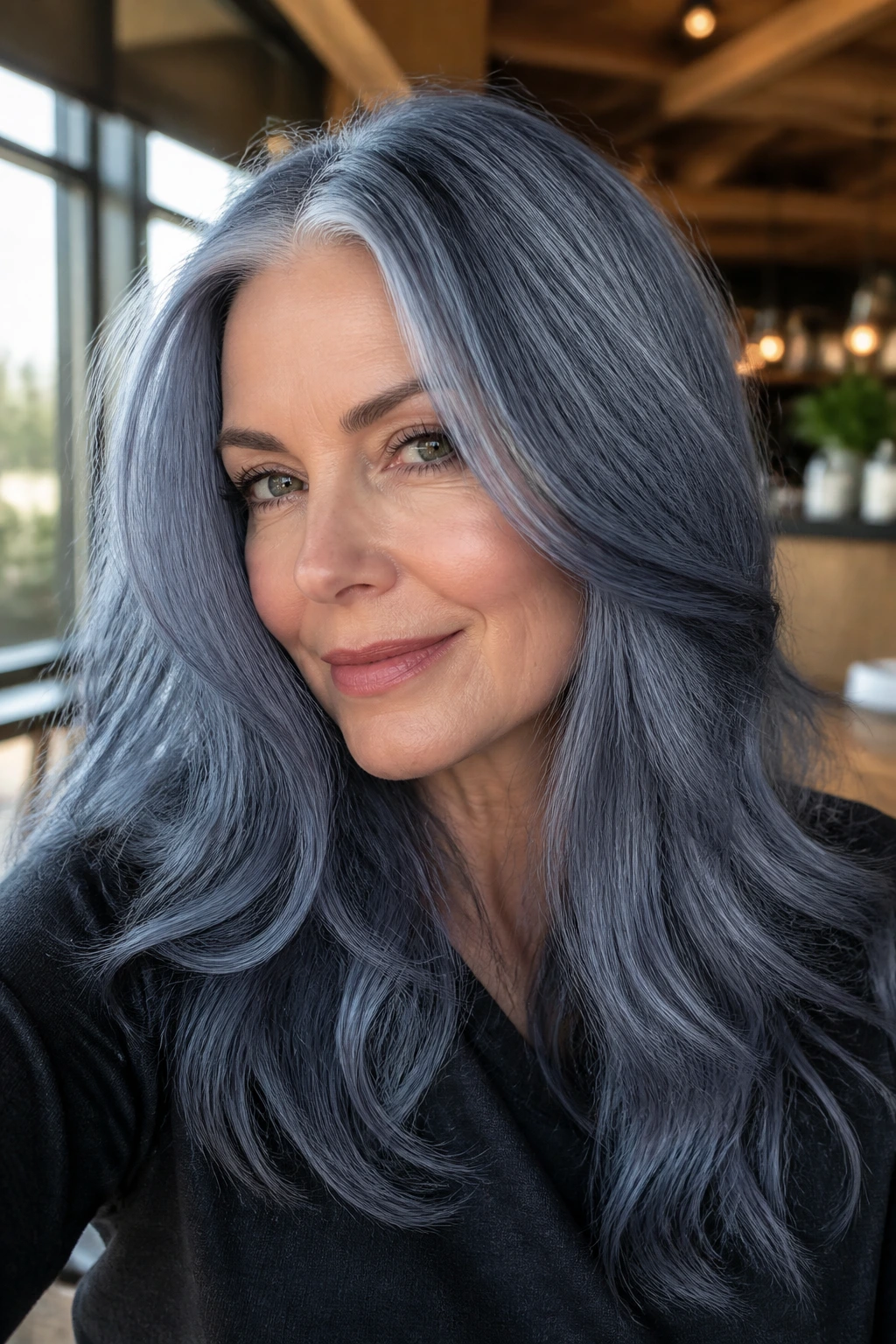 Portrait of a person with denim gray hair in a modern cafe setting
