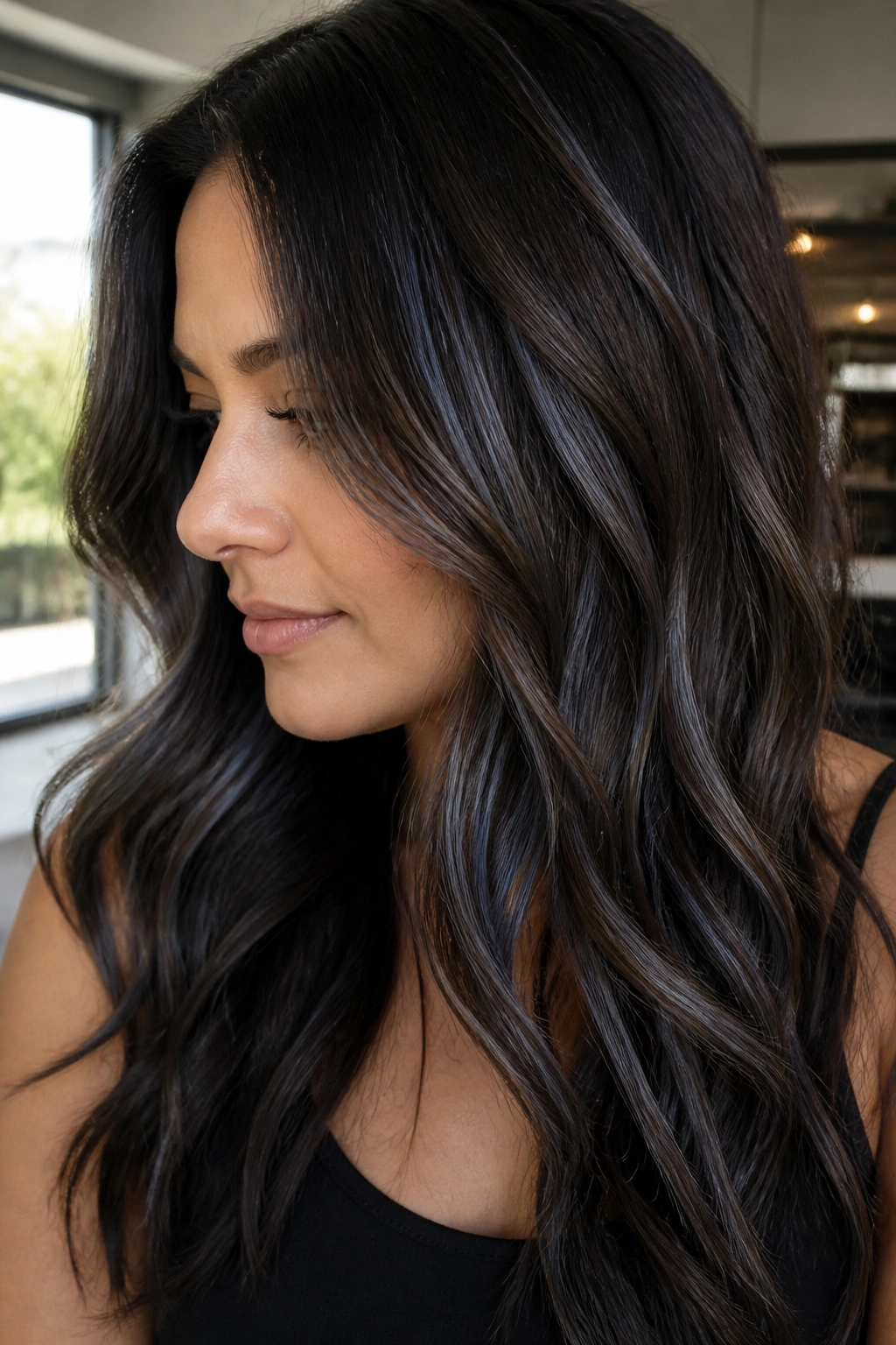 Close-up of brunette hair with denim-gray ribbons
