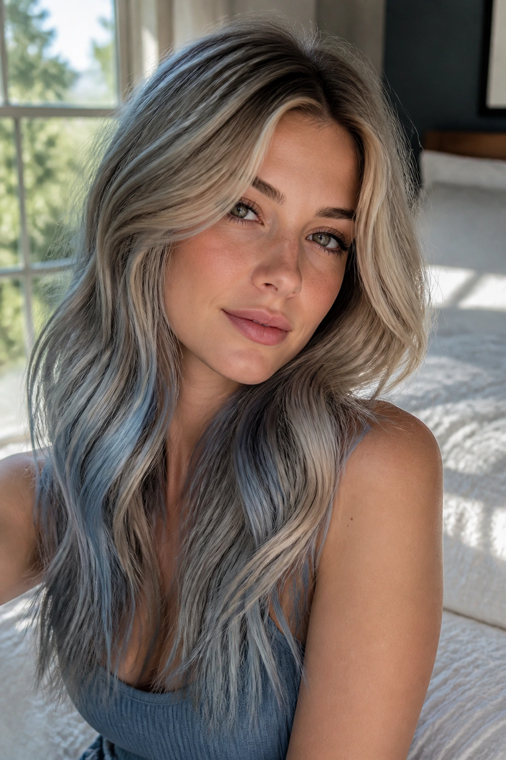 Close-up portrait of a real woman with denim-tinted beige blonde hair in natural window light.