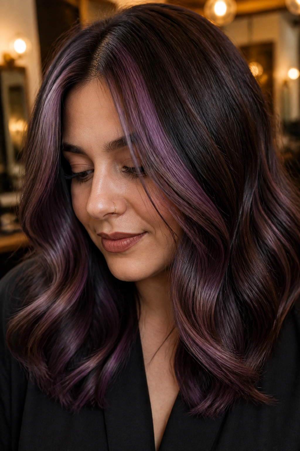 Close-up of a real person with dense hair and chunky purple-brown highlights.