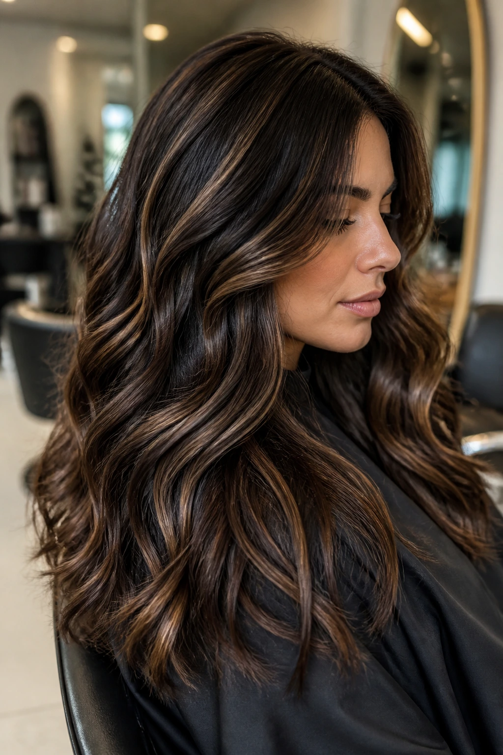 Close-up portrait of a dense brunette with high-contrast chocolate lowlights highlighting texture and movement.