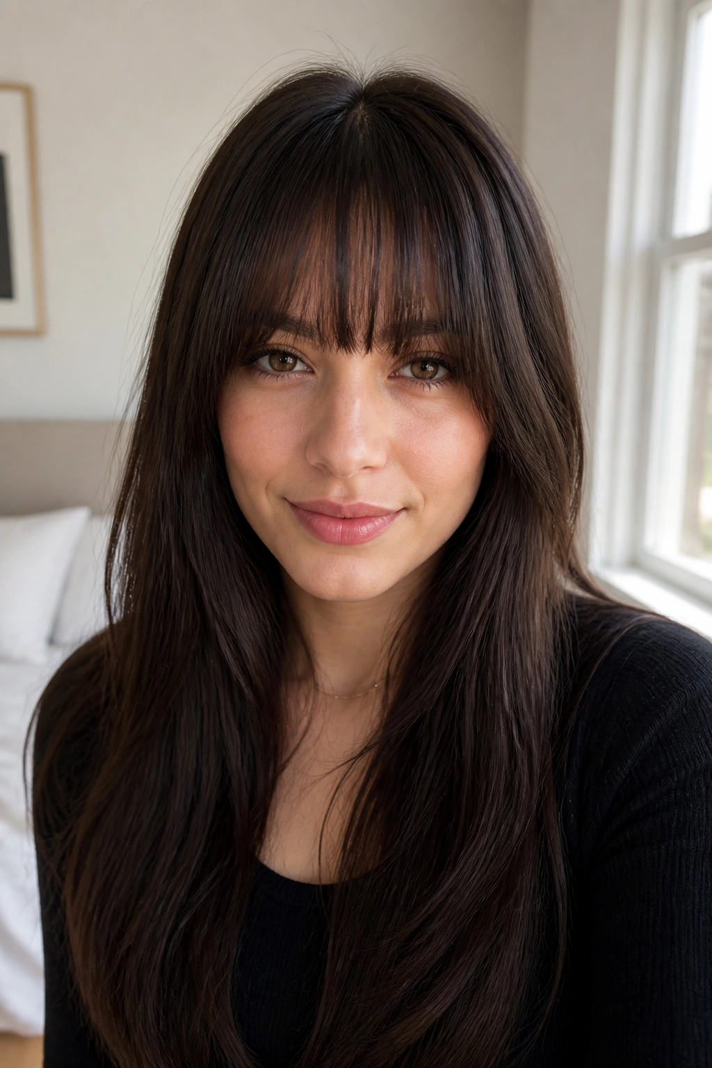 Close-up of a real woman with dense straight hair and a weighted fringe in a bright room