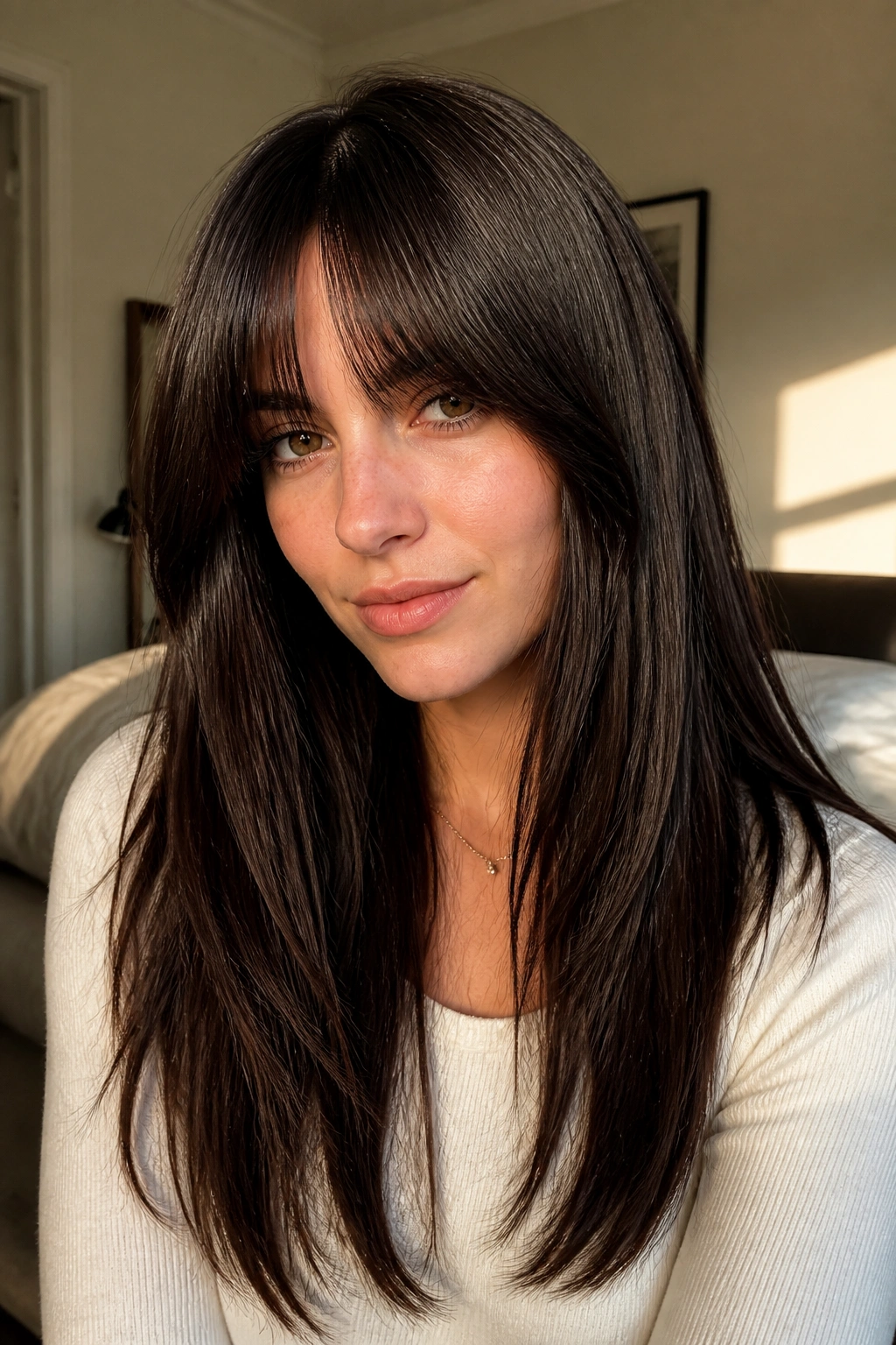 Close-up of a real woman with thick curtain bangs on dense straight hair, warm natural window light