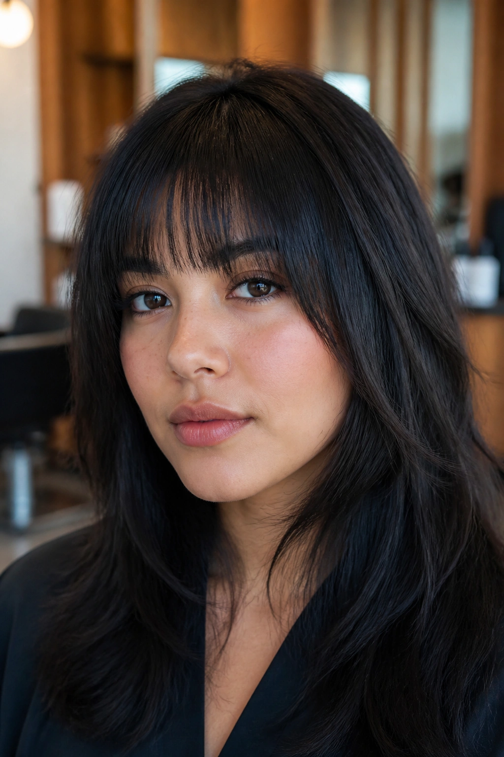 Close-up of a woman with dense tapered bangs on thick hair