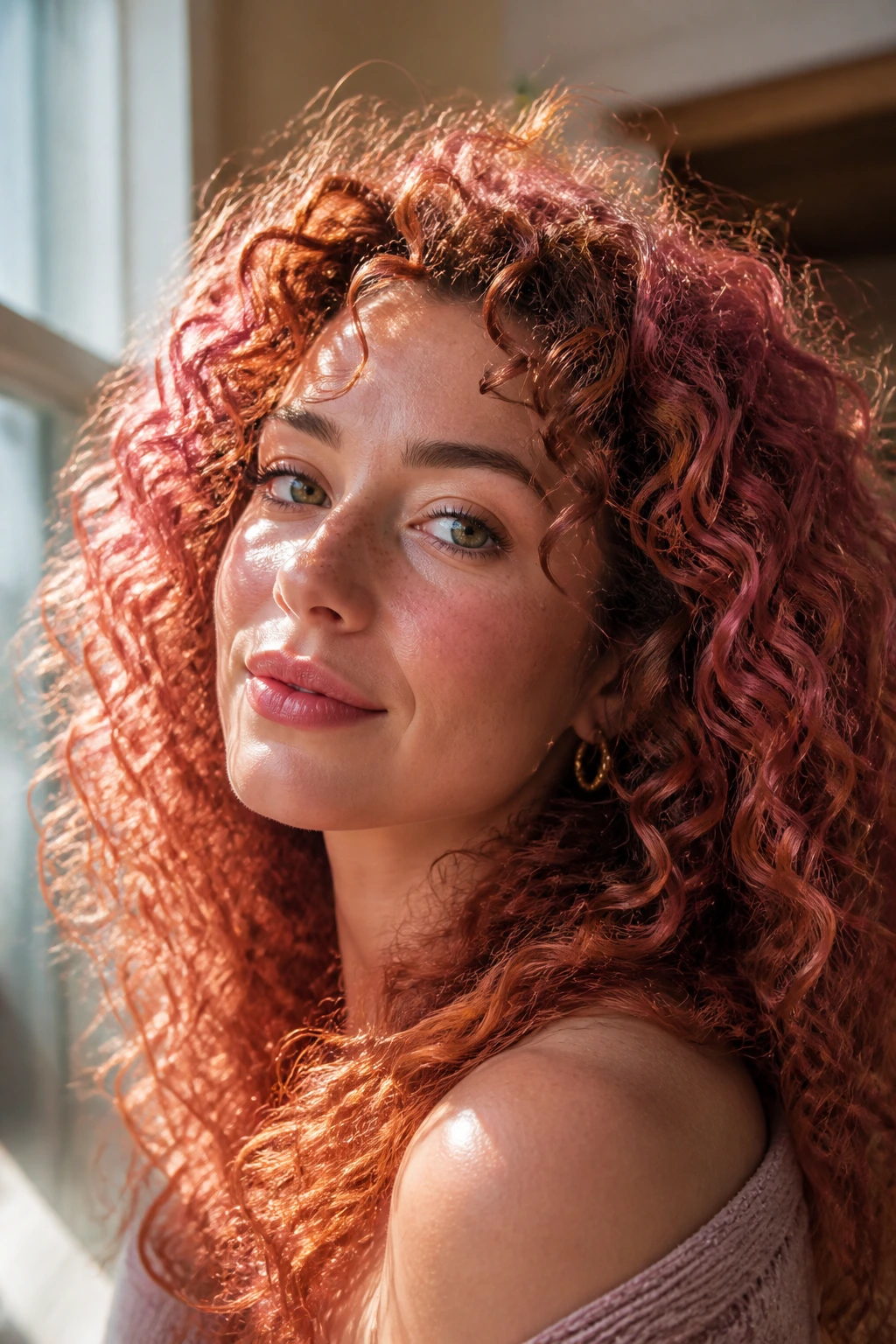 Close-up of a person with dusty pink-copper Desert Rose curls