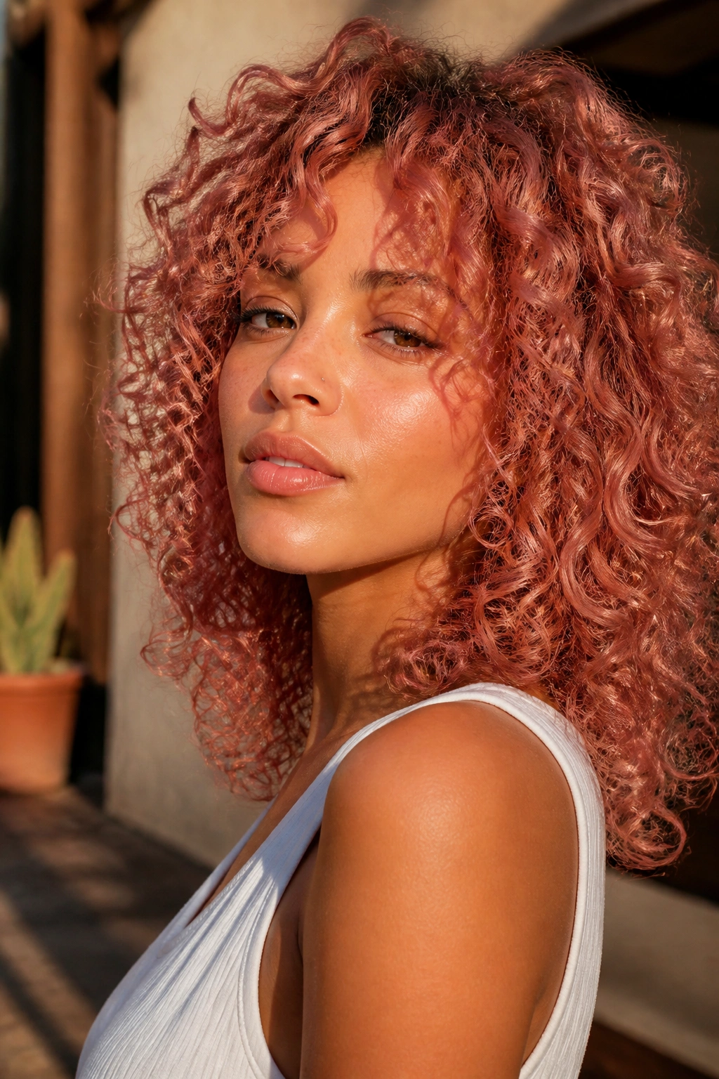 Close-up of a real woman with dusty desert rose ginger hair in soft sunlight