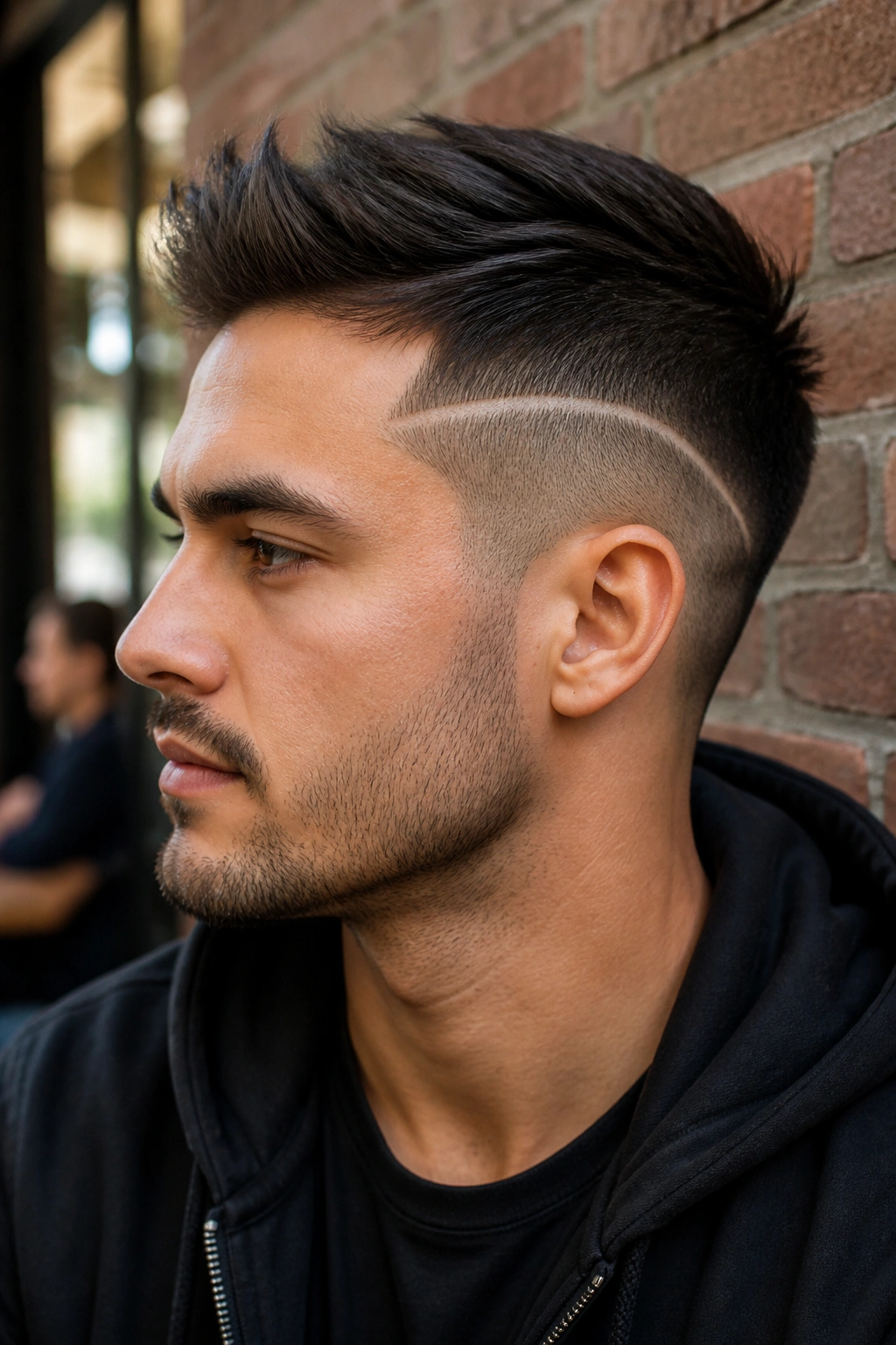 Close-up portrait of a real person with a precise design line shaved into an undercut on the temple area