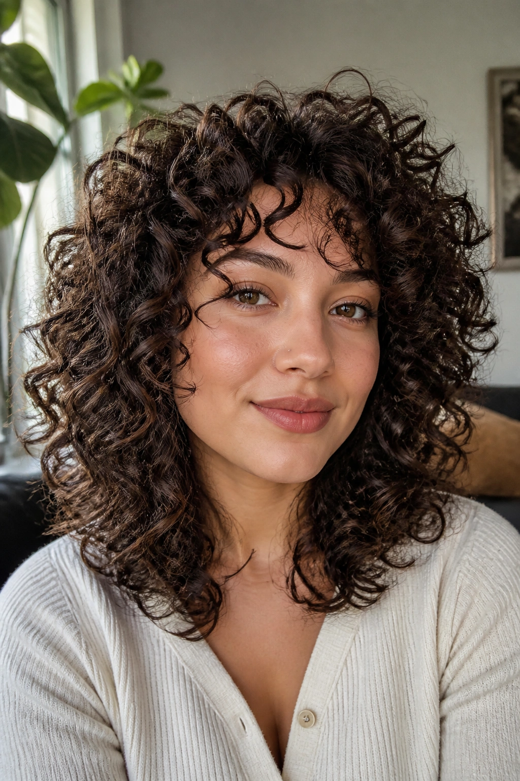 Portrait of a real person with Deva Cut curl-by-curl layers