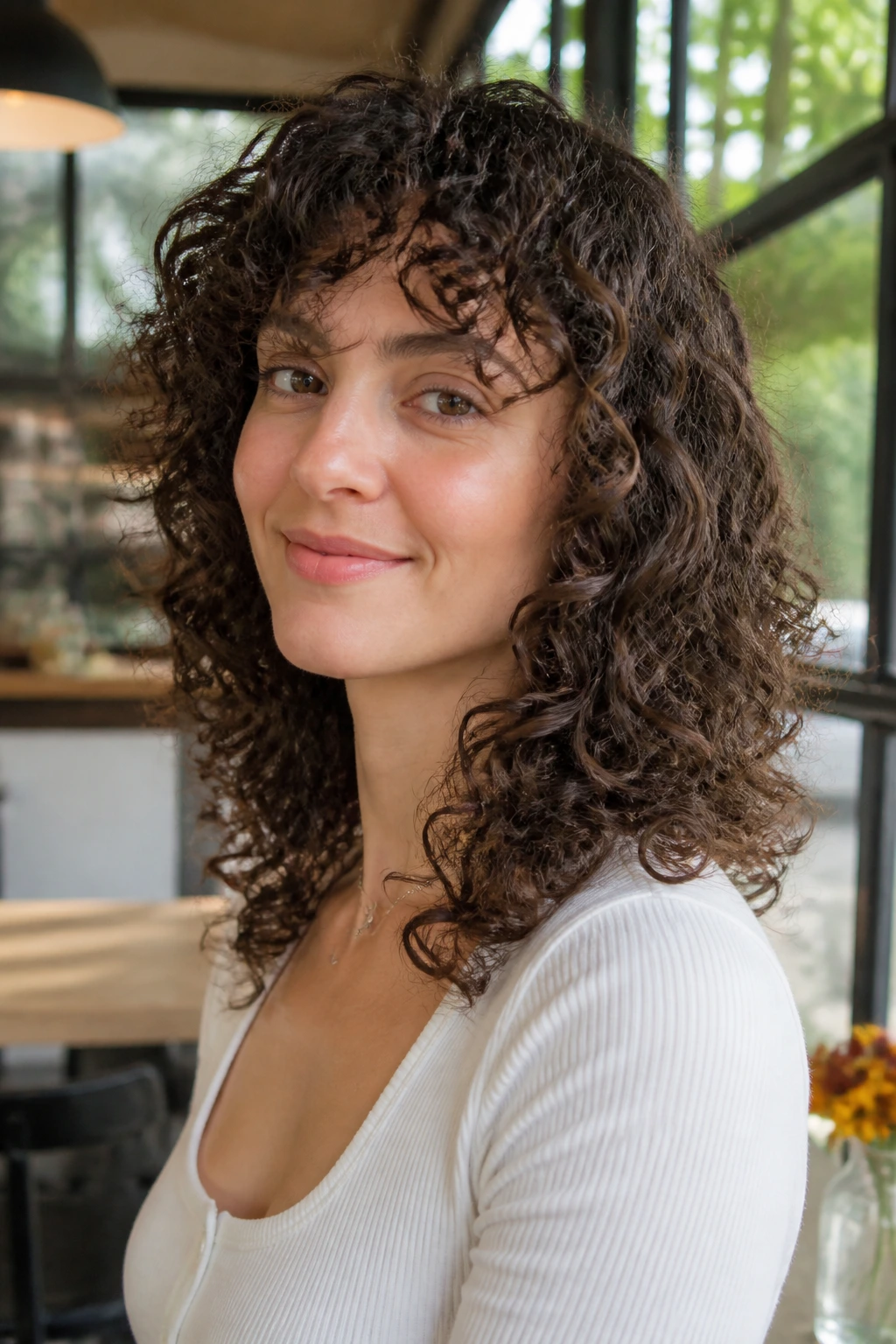 Close-up of a real person with curl-by-curl Deva Cut in a bright cafe window scene