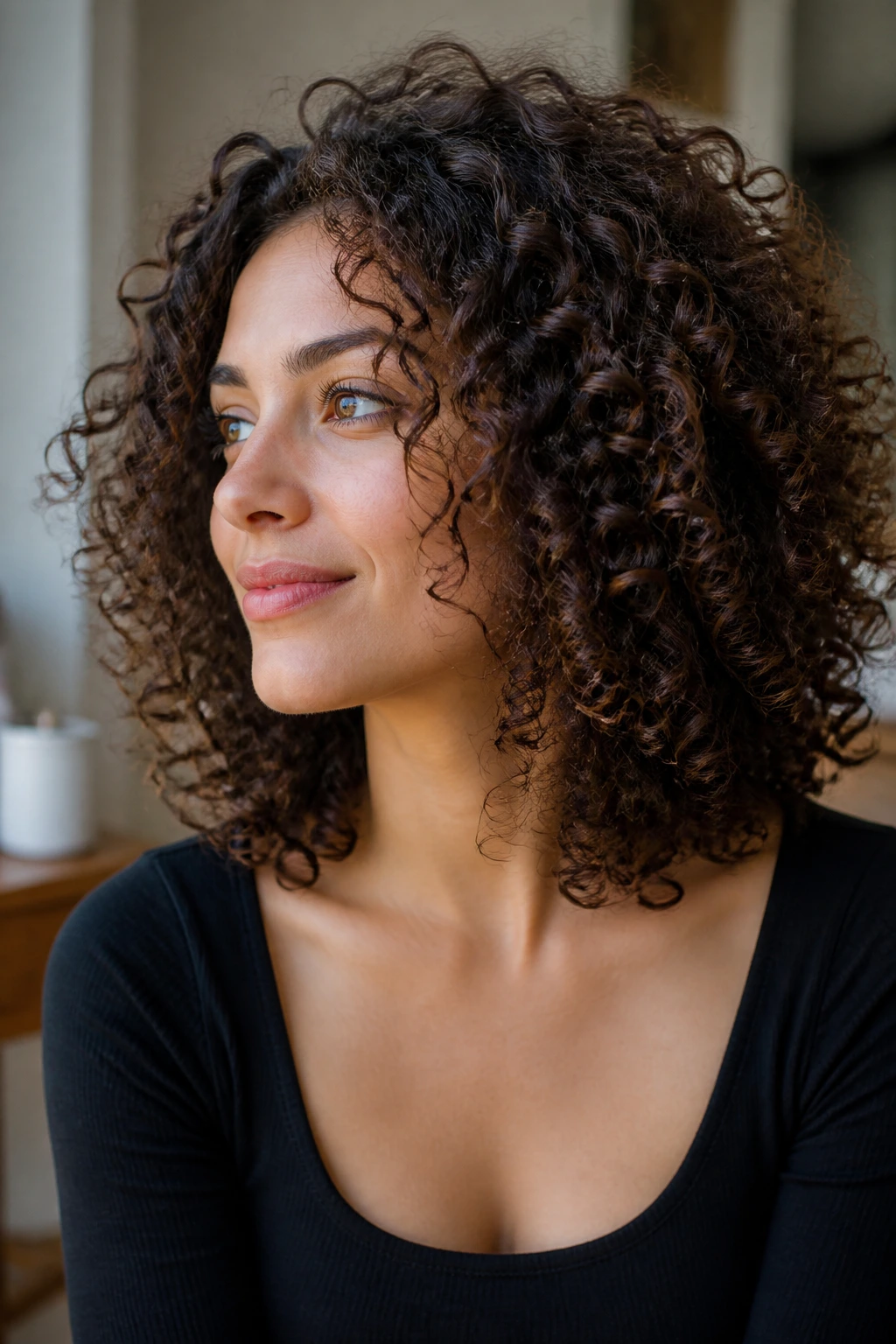 Close-up of a real person with dry, naturally shaped curls