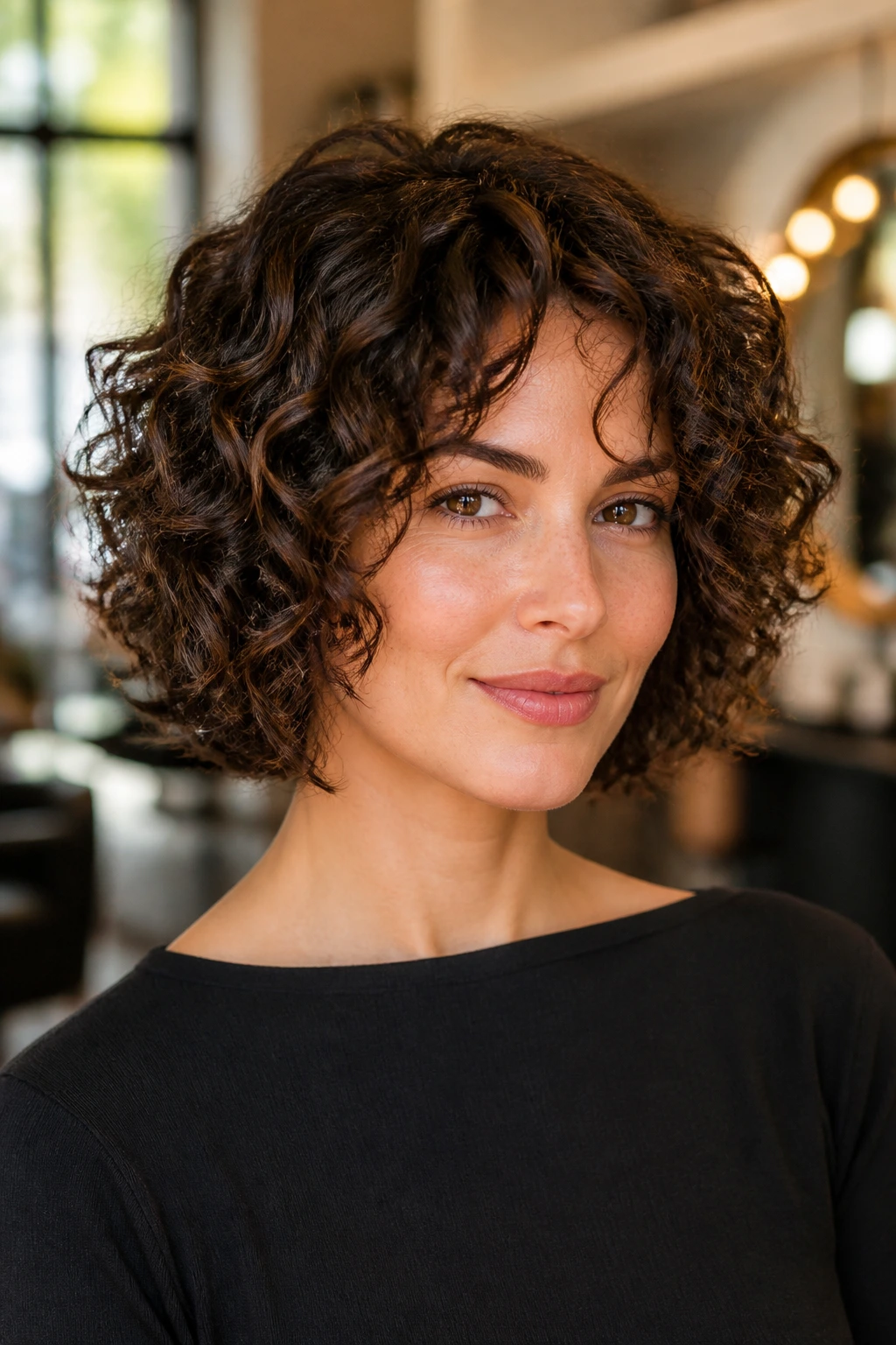 Close-up portrait of a real woman with Deva-cut curly bob on dry hair.