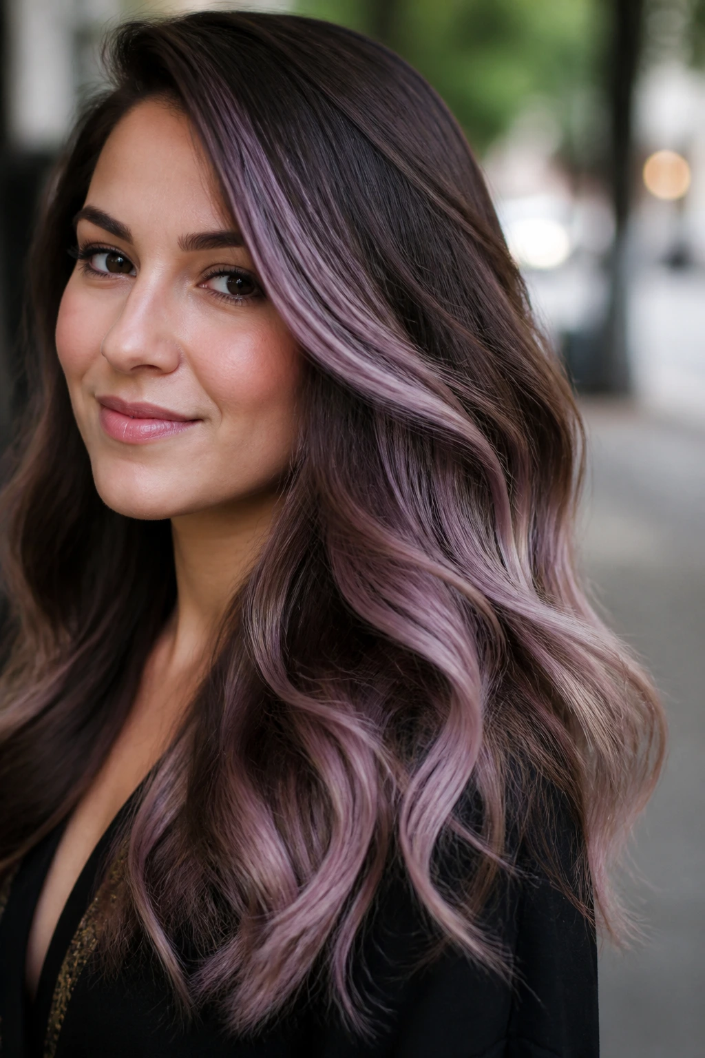 Close-up of thick hair with broad diagonal lilac-brown balayage on a real person