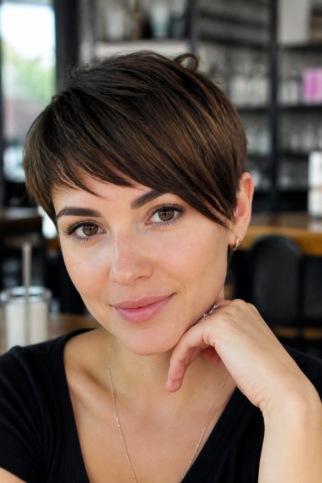 Close-up portrait of a woman with diagonal side-swept bangs