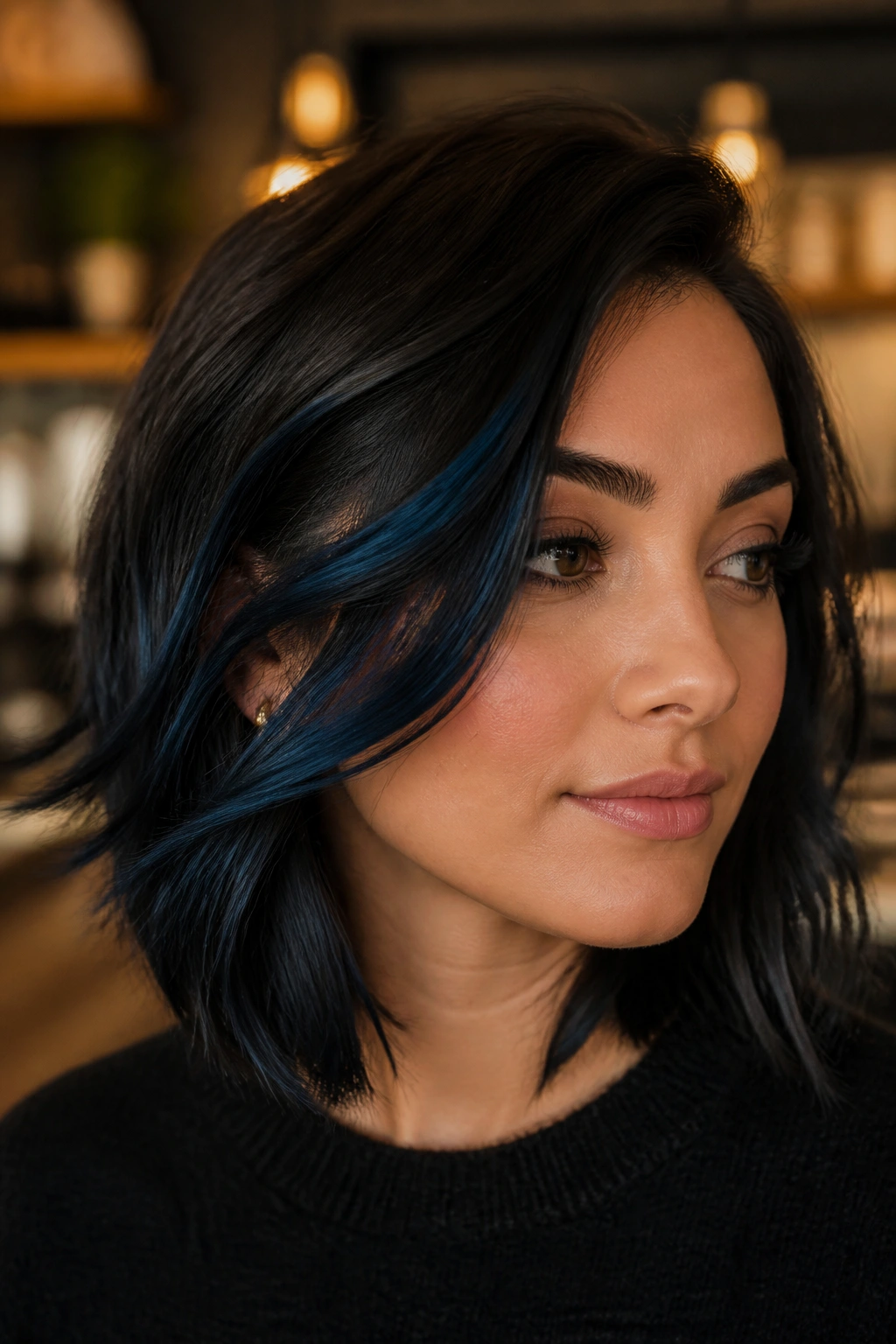 Close-up of a real woman with diagonal blue-black streaks from temple to jaw.