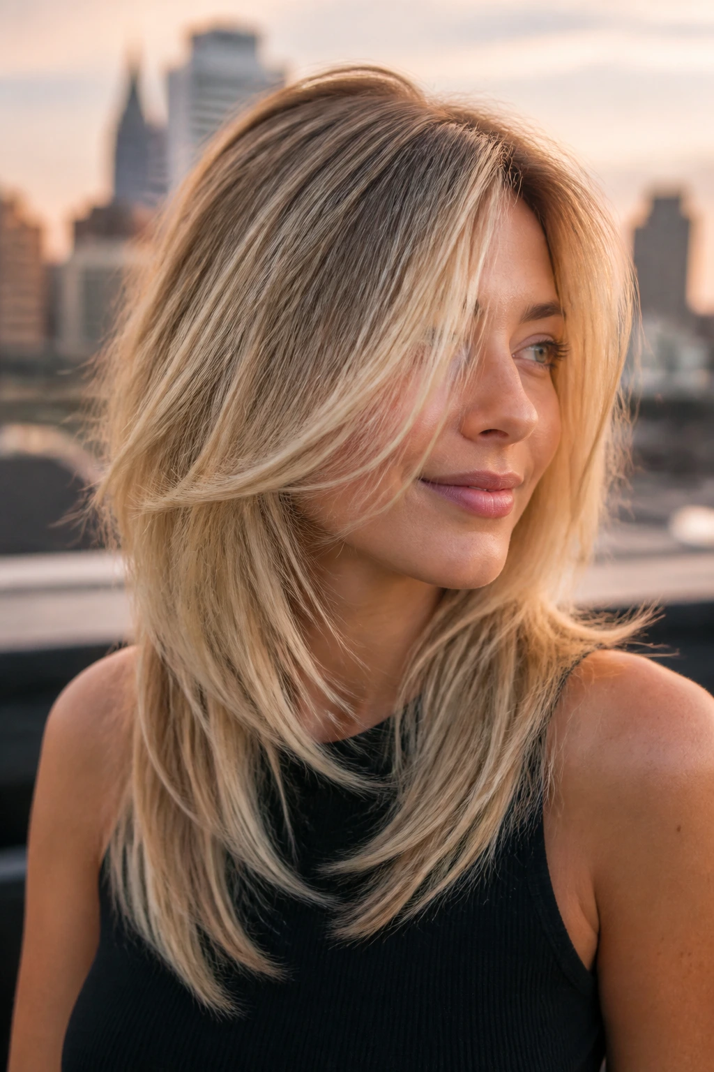 Three-quarter portrait of a real woman with diagonal face-framing layers in blonde