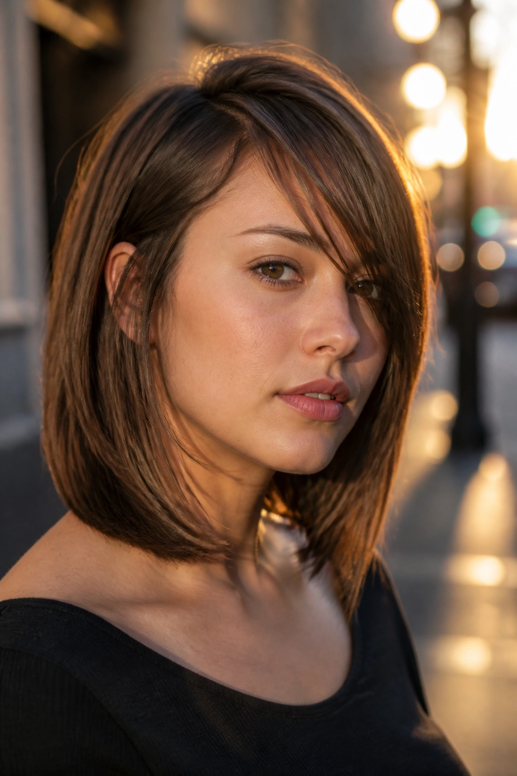 Close-up of a real woman with diagonal fringe collarbone cut in golden hour light