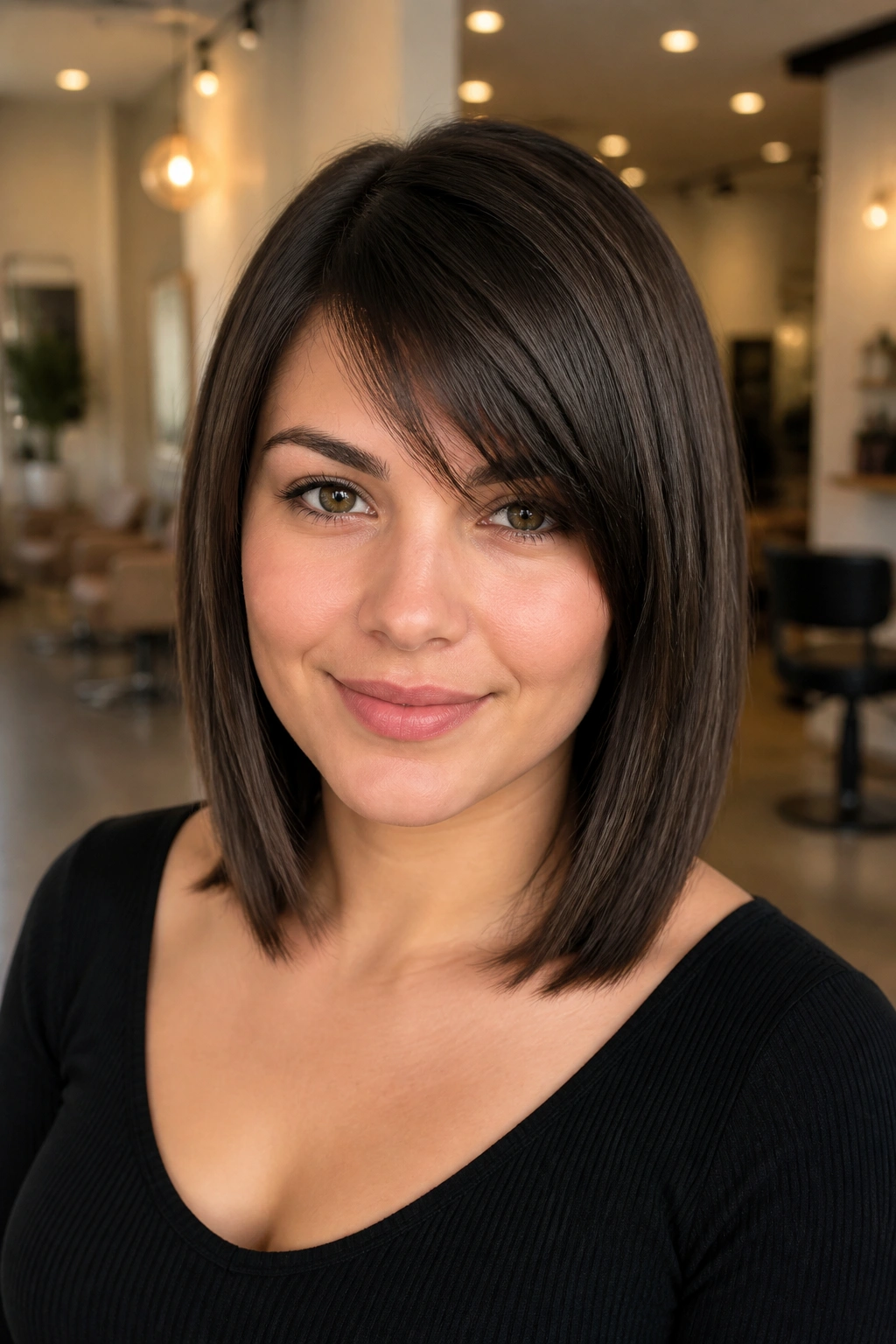 Real person with diagonal fringe and collarbone-length sleek hair portrait