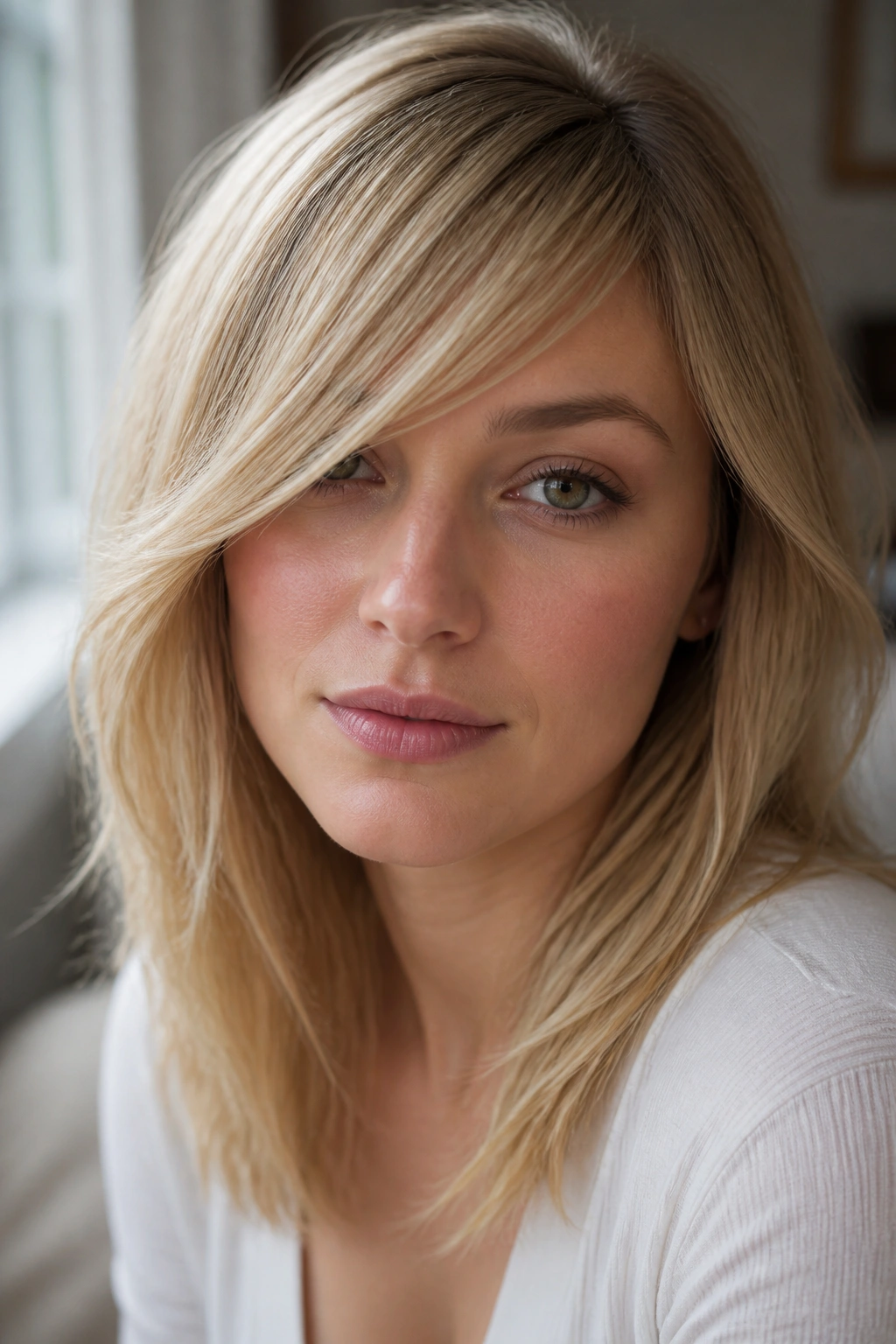Real person with diagonal fringe starting high and sweeping low in medium blonde