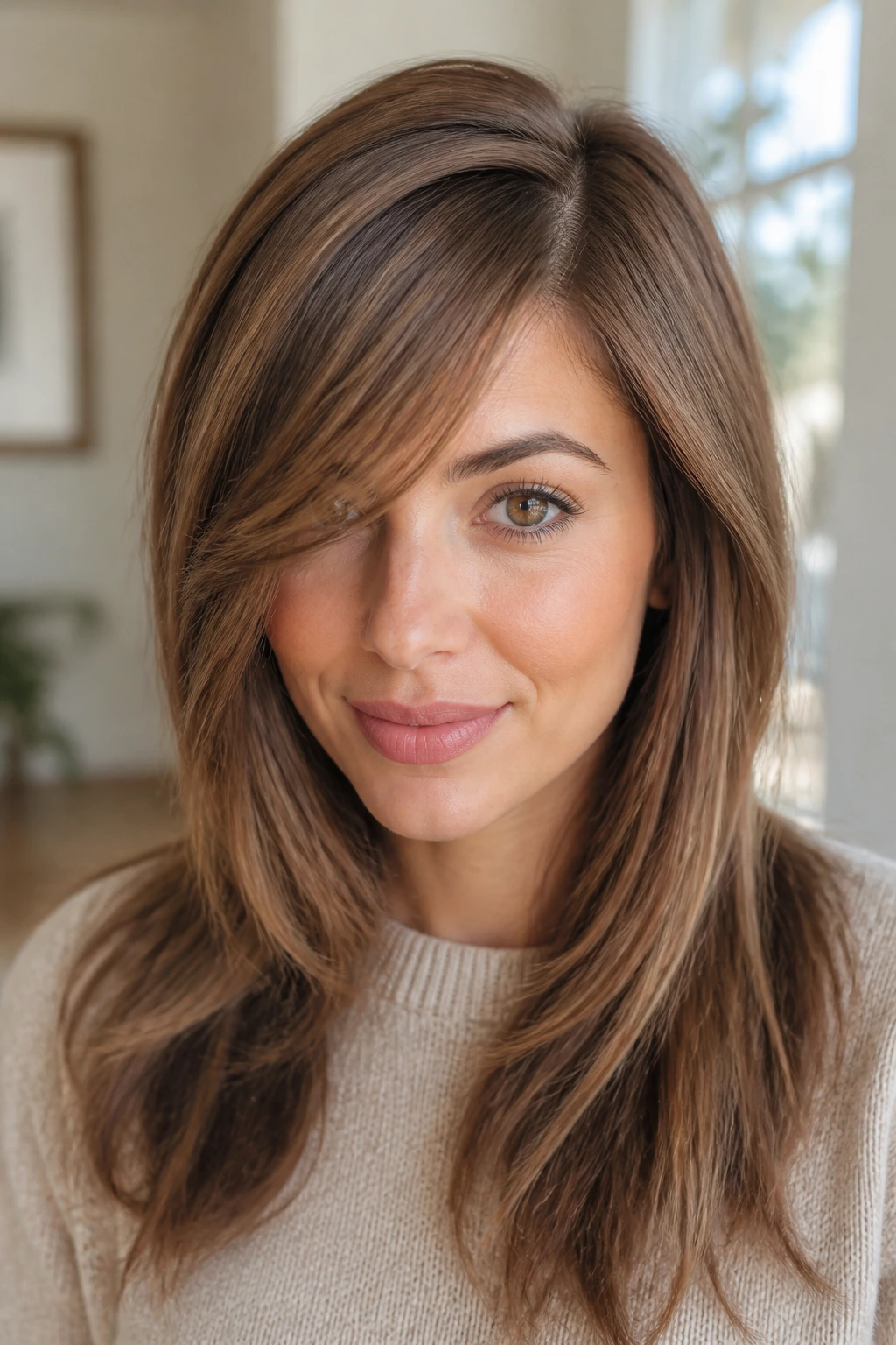 Close-up of a real woman with diagonal fringe and sharp part