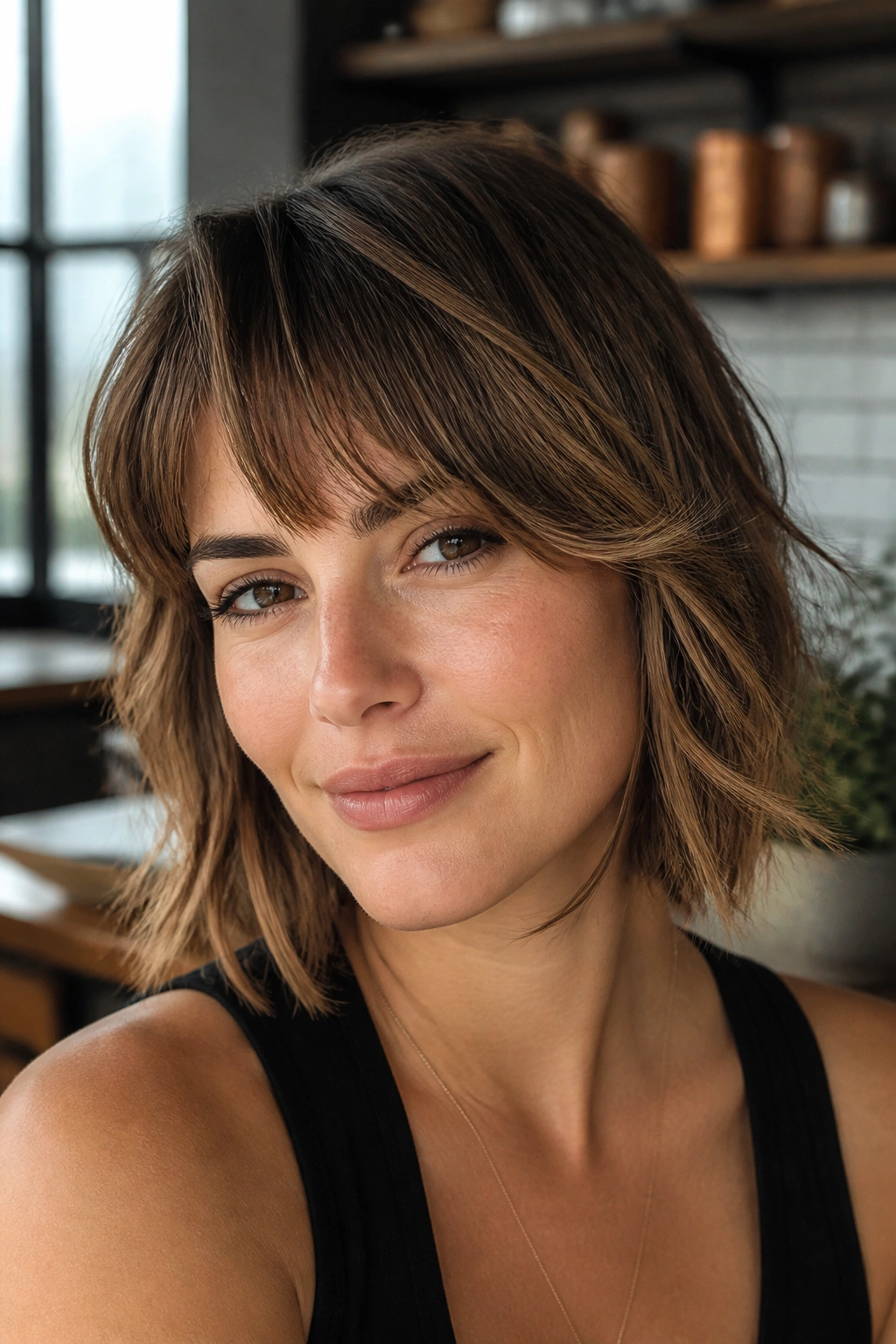 Portrait of a woman with diagonal fringe and short center