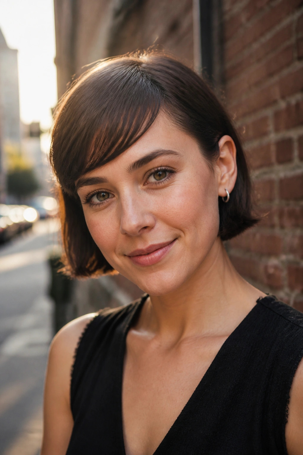 Close-up of a real woman with tucked-behind-ears bob and diagonal fringe