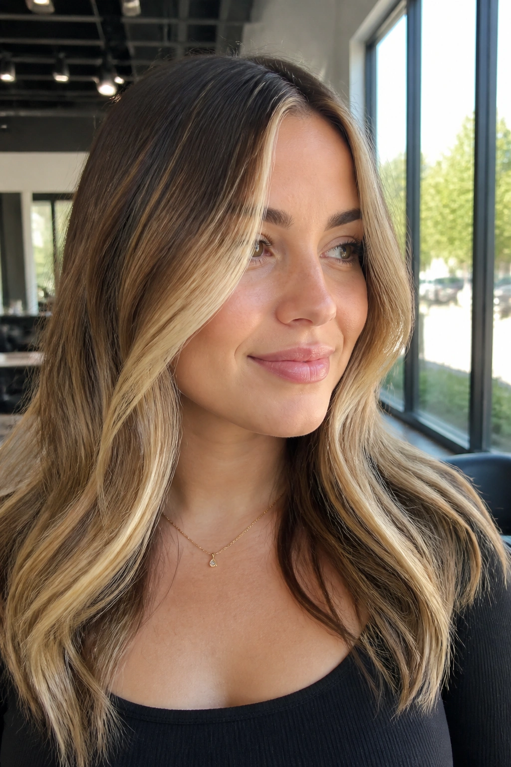 Close-up of diagonal front highlights from temple to jaw on a real woman