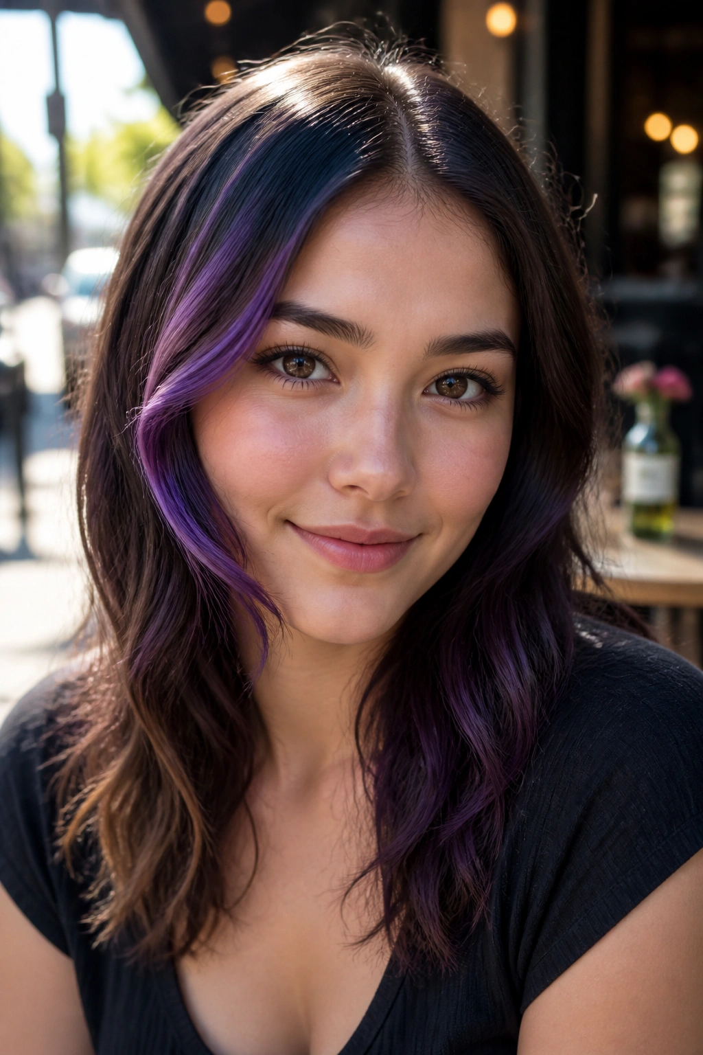 Portrait of a real woman with diagonal purple ribbon highlights from temple to jaw.