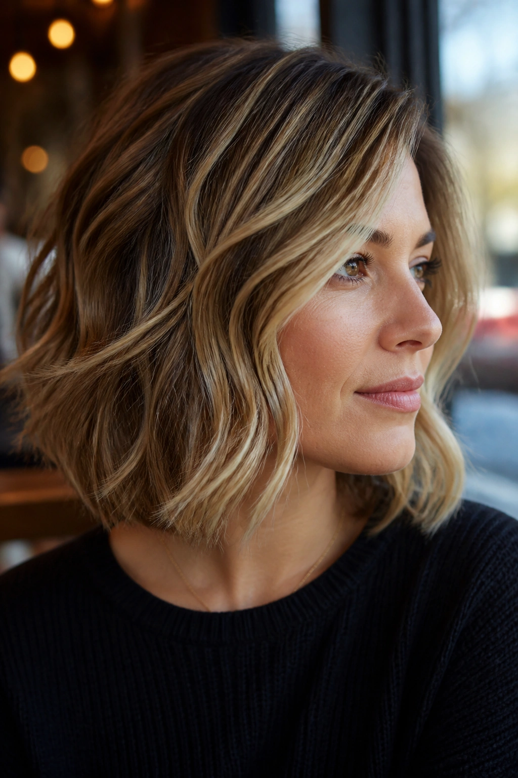 Portrait of a woman with diagonal sliced highlights on a wavy bob