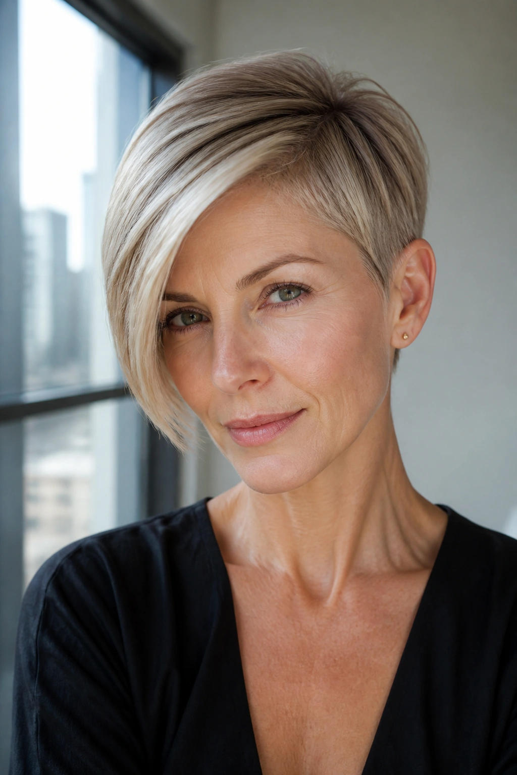 Portrait of a real woman with a long-front, short-back pixie and sharp diagonal line