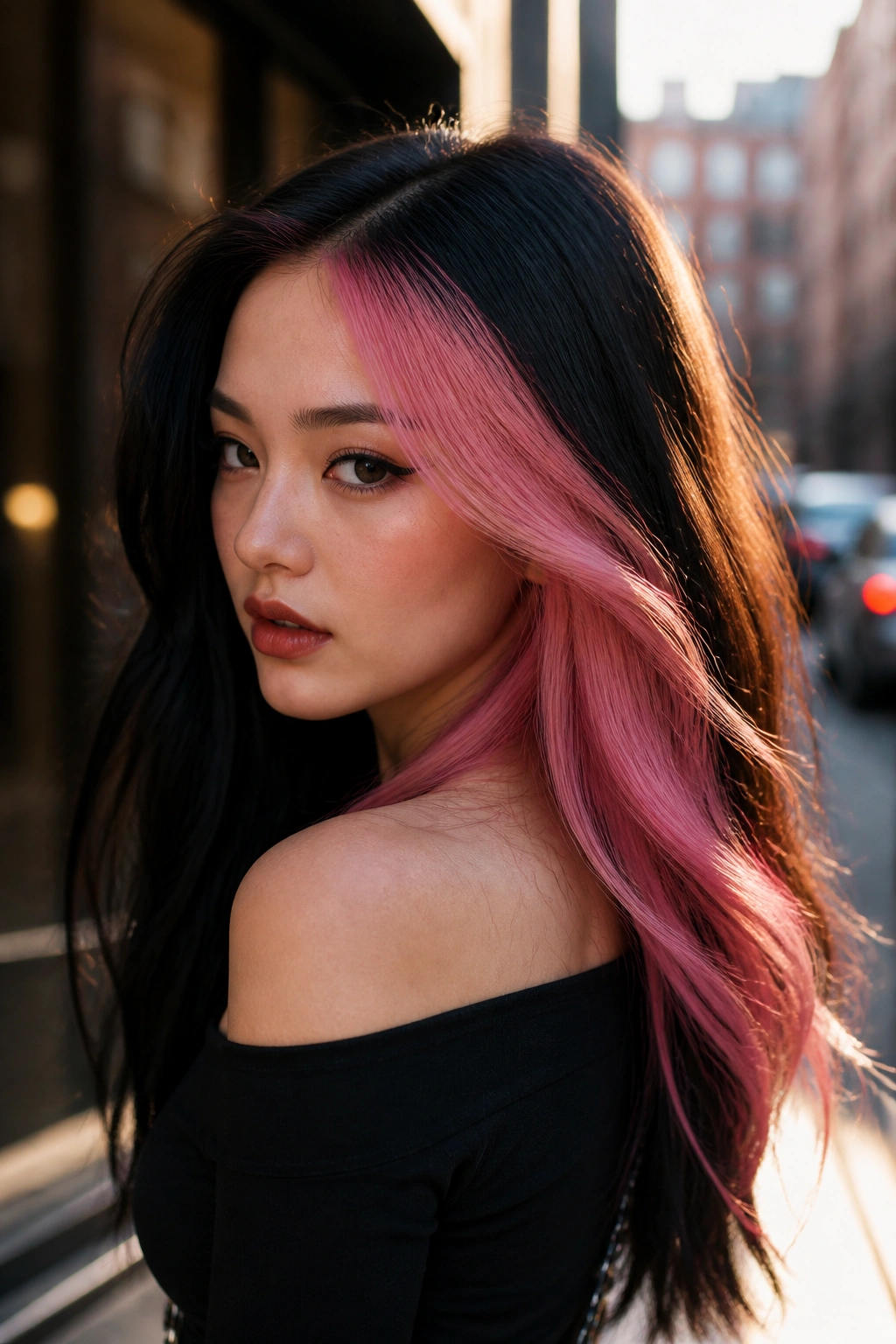 Portrait of a real person with a diagonal pink panel in black hair.