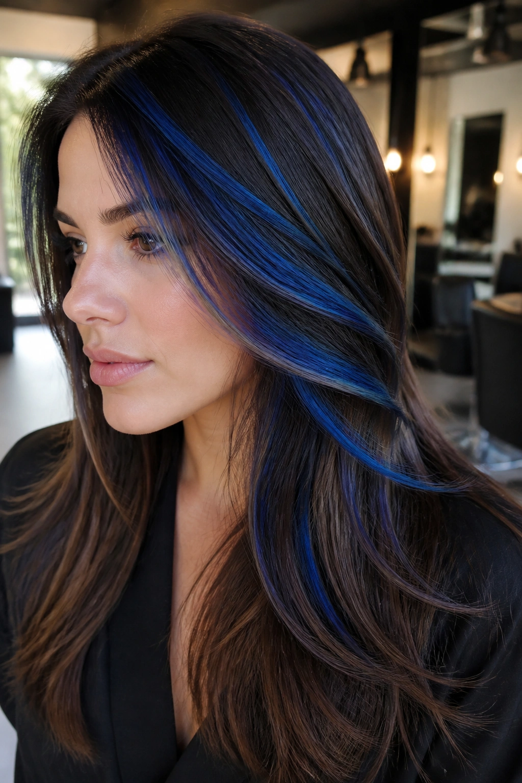 Close-up of a real woman with diagonal sapphire highlights through long layered hair