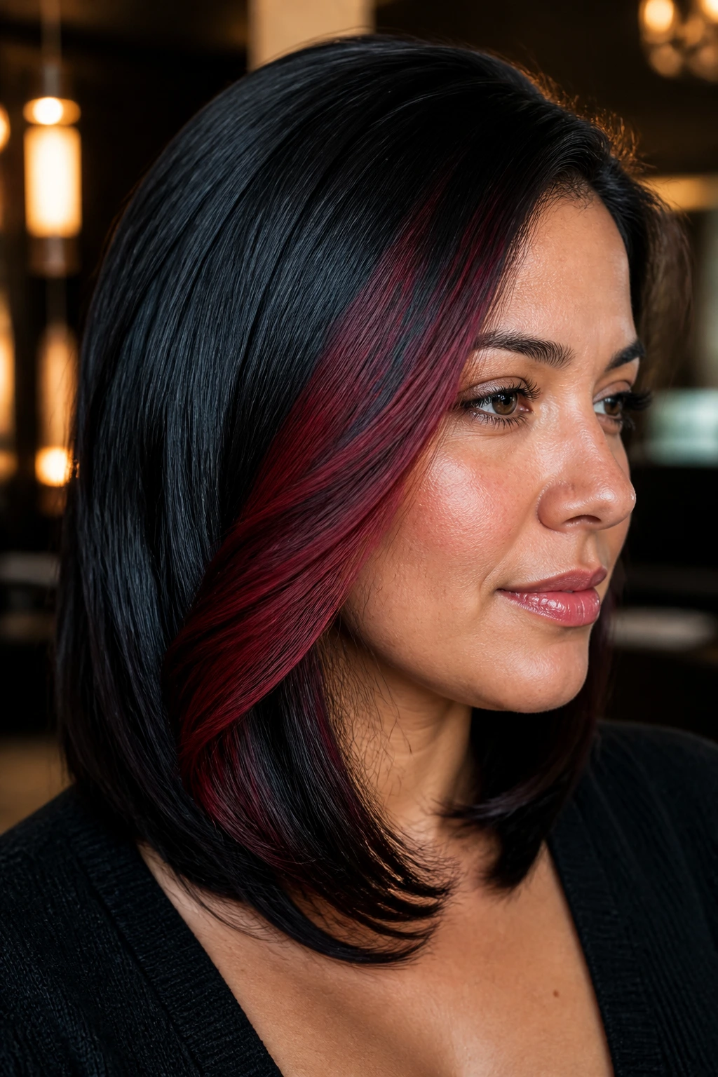 Portrait showing a diagonal red highlight starting at the temple and angling toward the jaw on black hair.