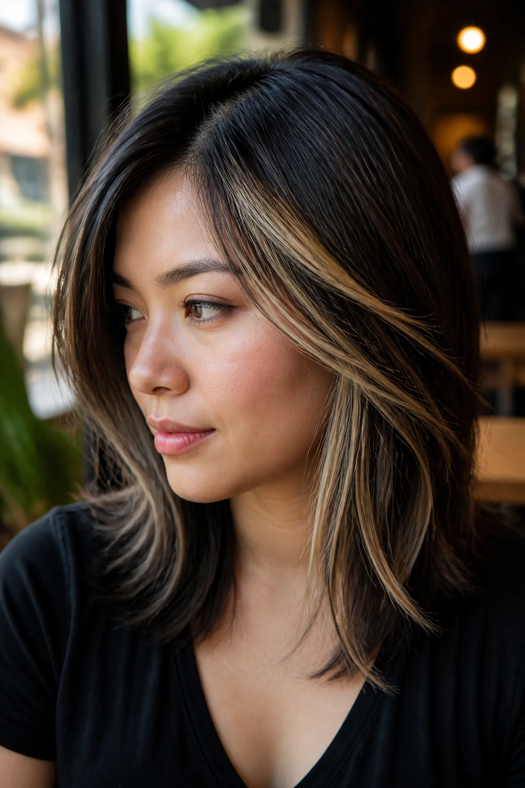 Real woman with diagonal blonde streaks in shoulder-length black hair in a sunlit cafe setting