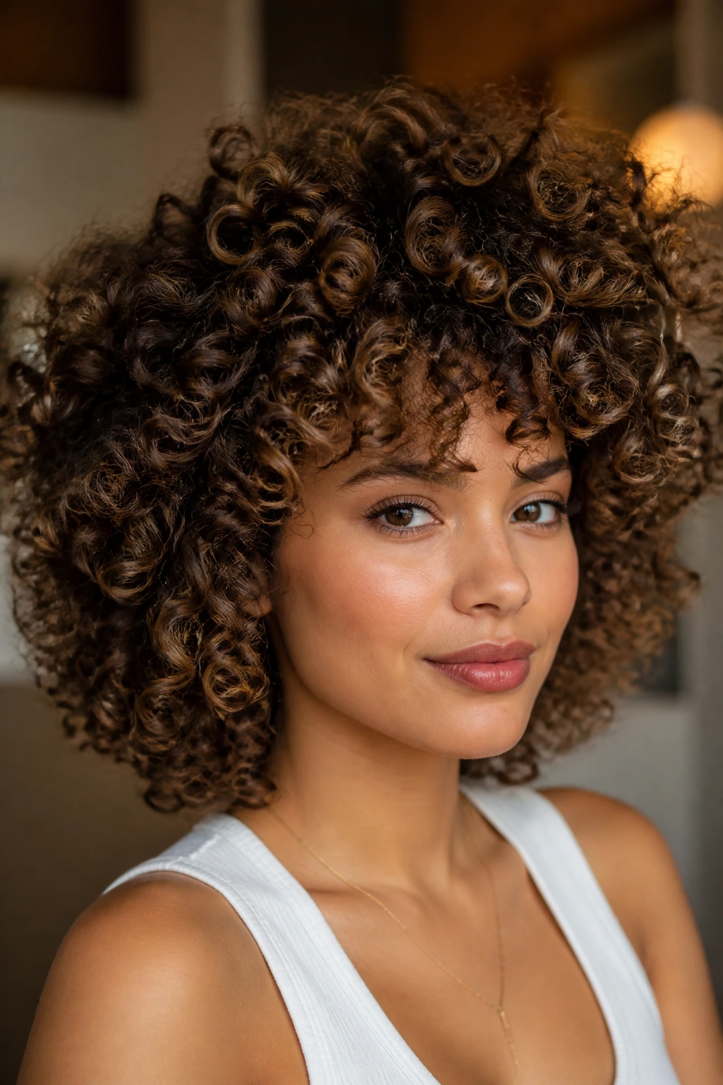 Close-up of diffused forward volume curls on a real person, crown height and forward emphasis
