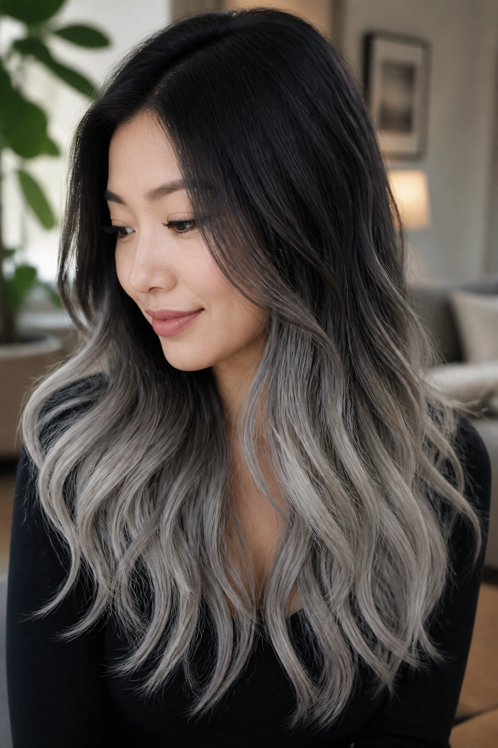 Close-up of real woman with diffused grow-out ombre, long hair