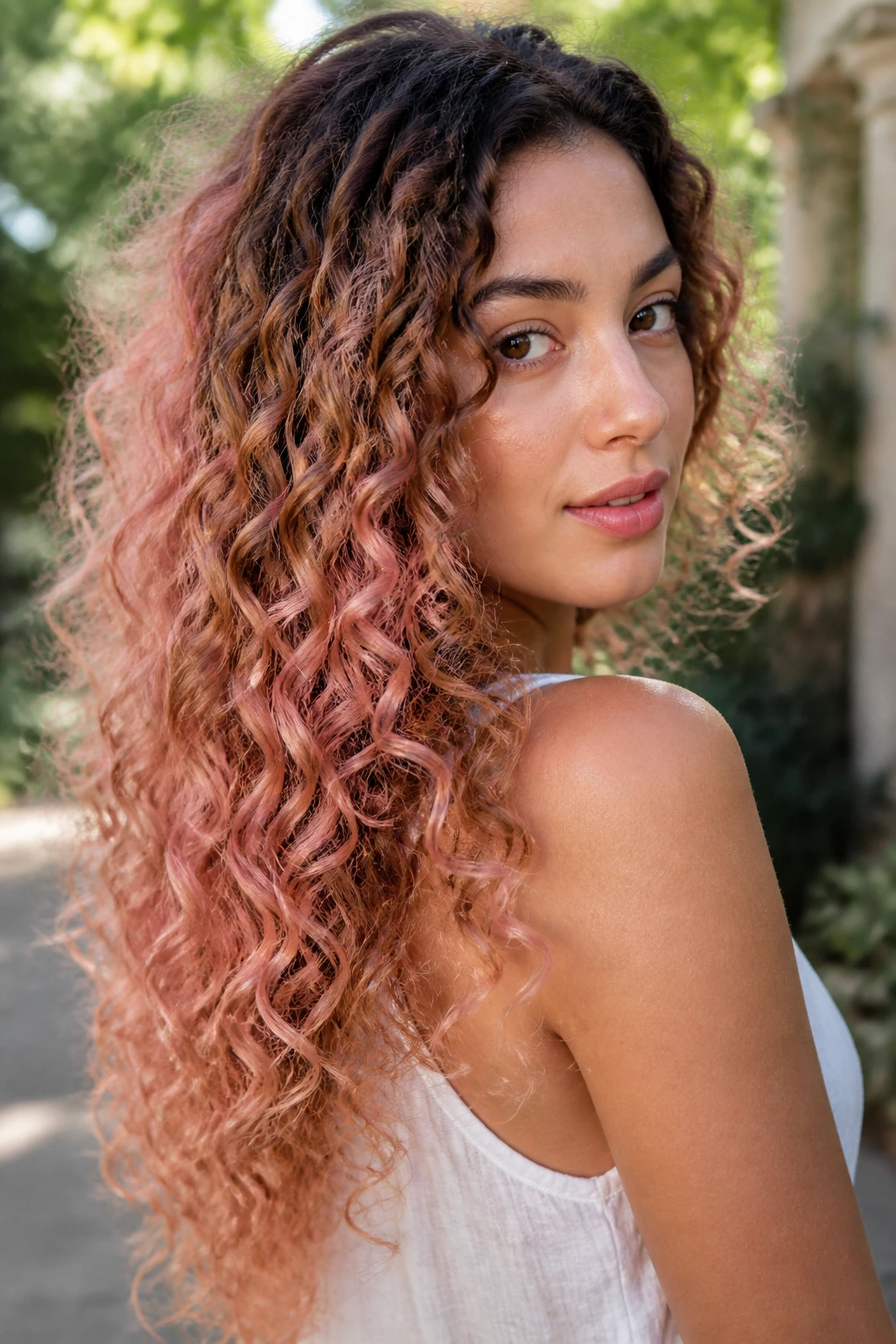 Close-up of long curly hair with diffused rose gold fade on a real person