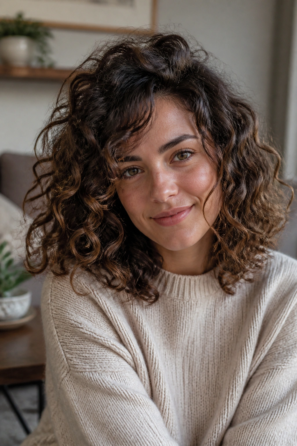 Close-up of real woman with Diffused Shoulder-Length Shape curls lifted at the crown