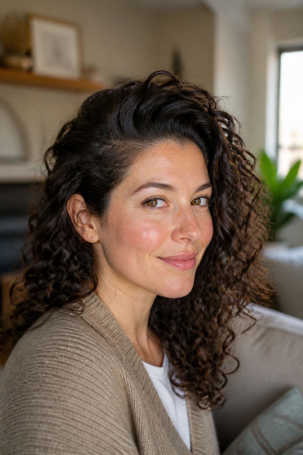 Close-up portrait showing diffused side volume and root lift on one side with natural window light
