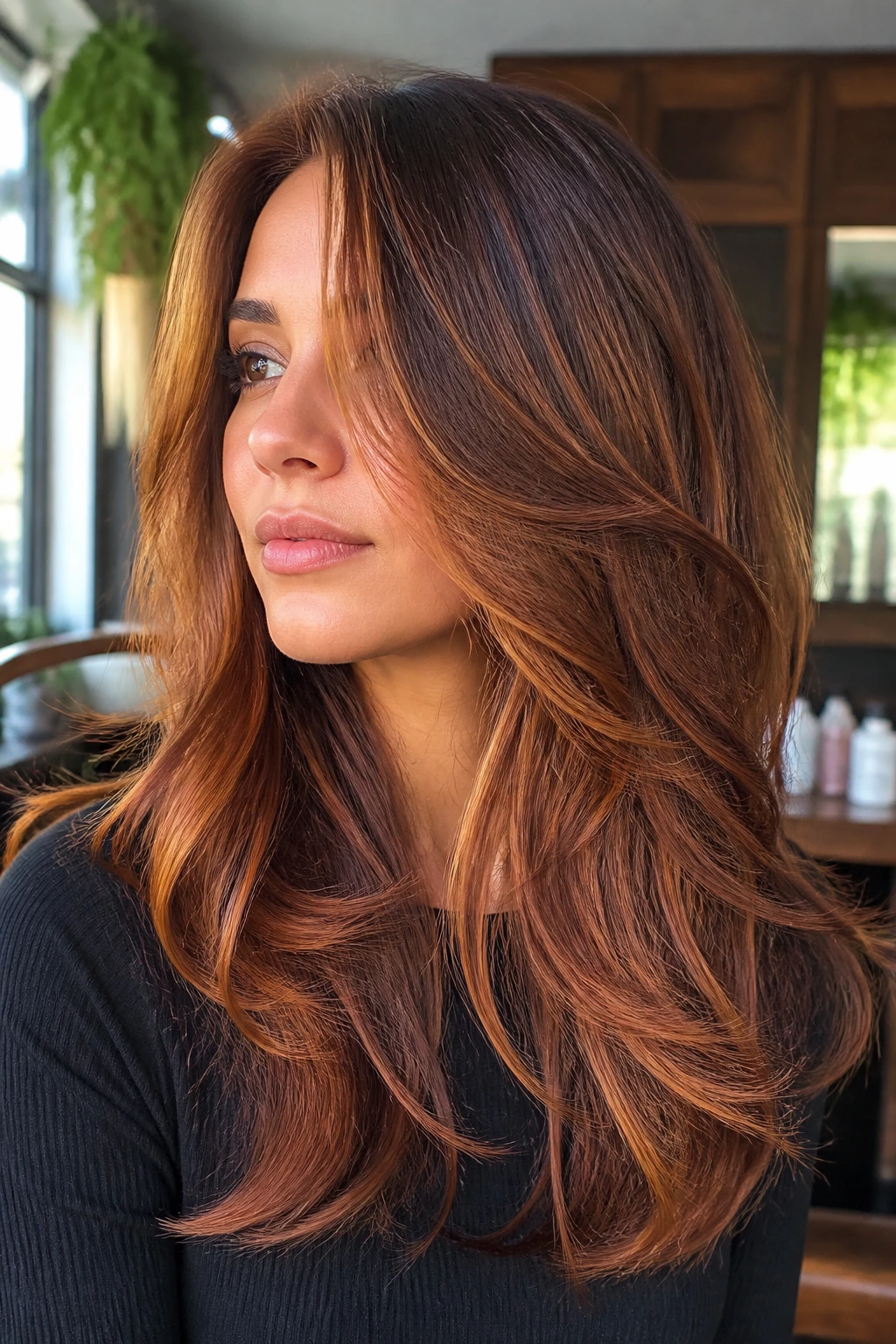 Dimension-first copper balayage on layered hair with varied tones