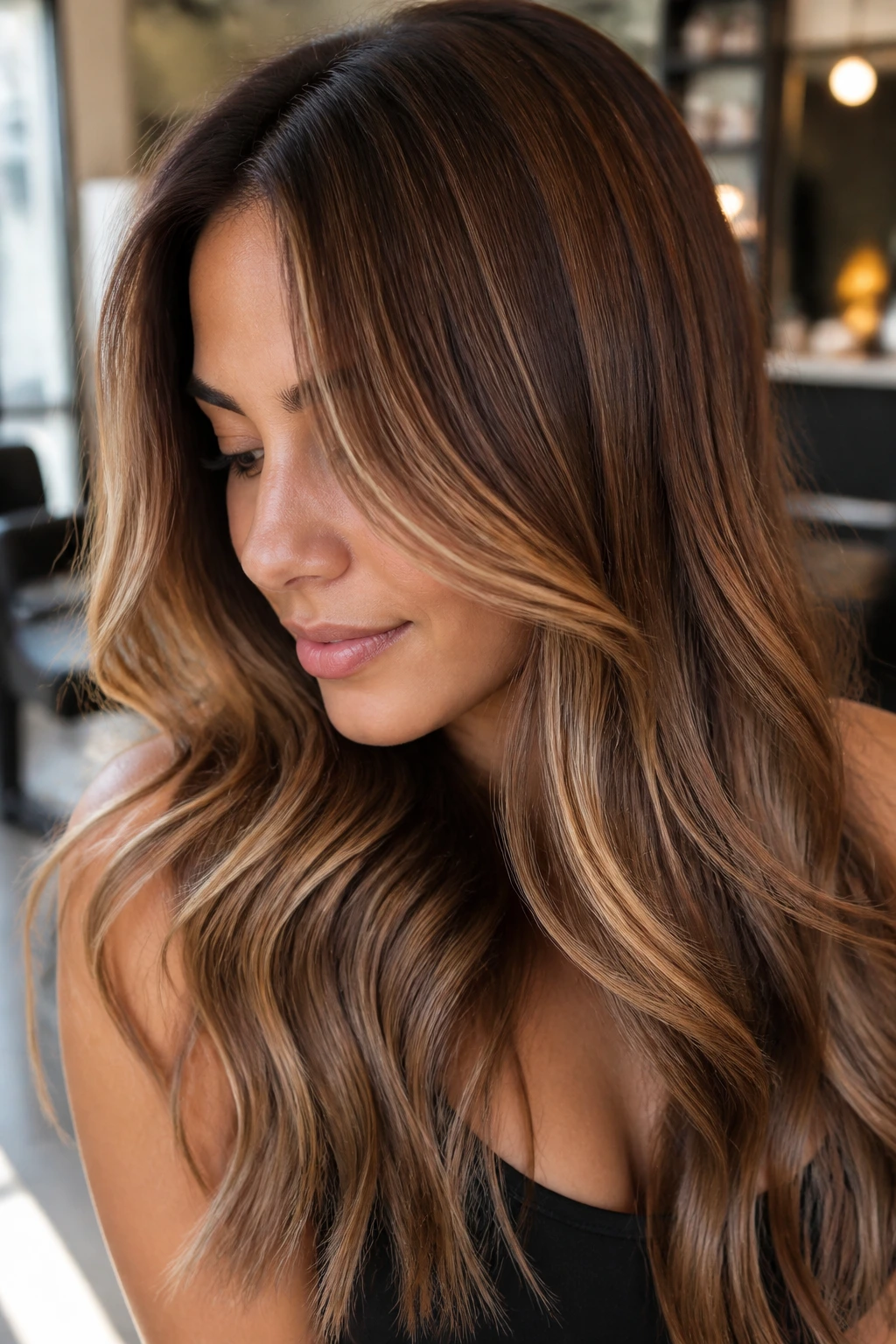 Close-up of a real person with dimension-first multi-tonal honey caramel highlights in brown hair