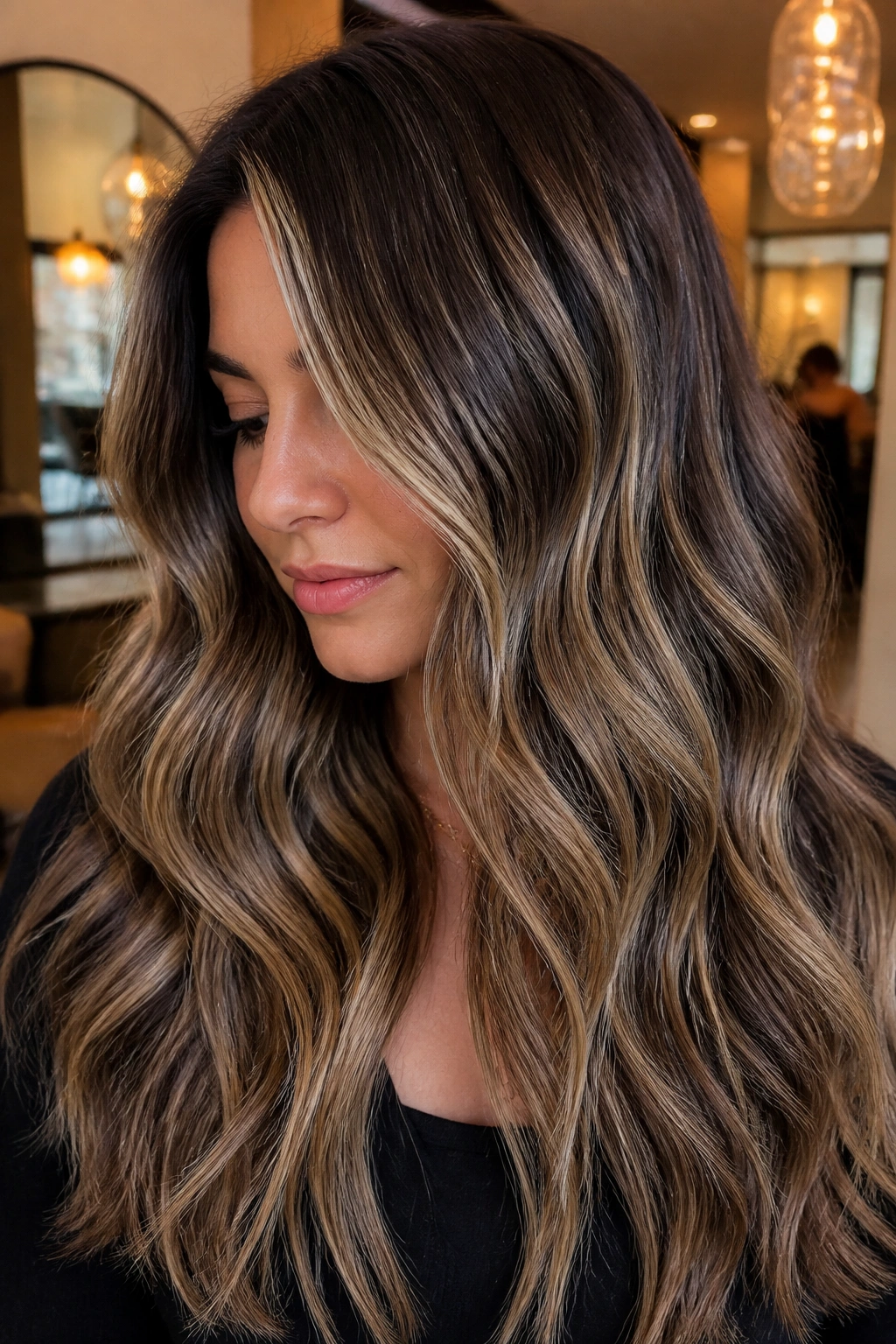 Close-up of real person with thick brown hair featuring dimension-heavy balayage