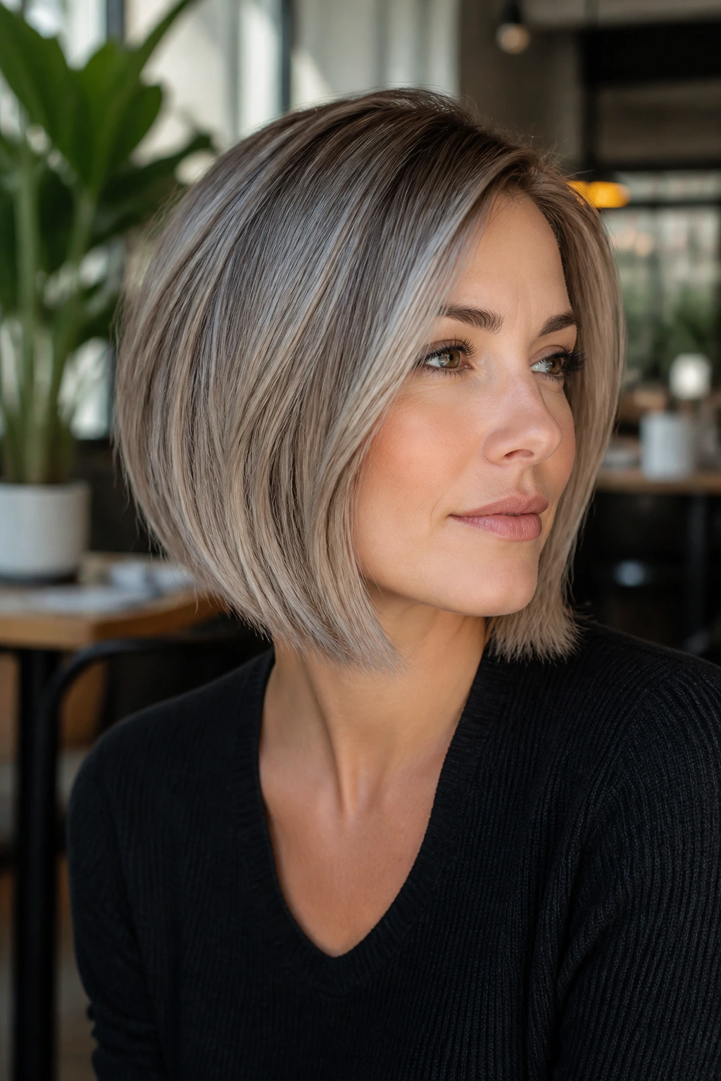 Portrait of a woman with dimensional ash bob highlights in a cafe setting