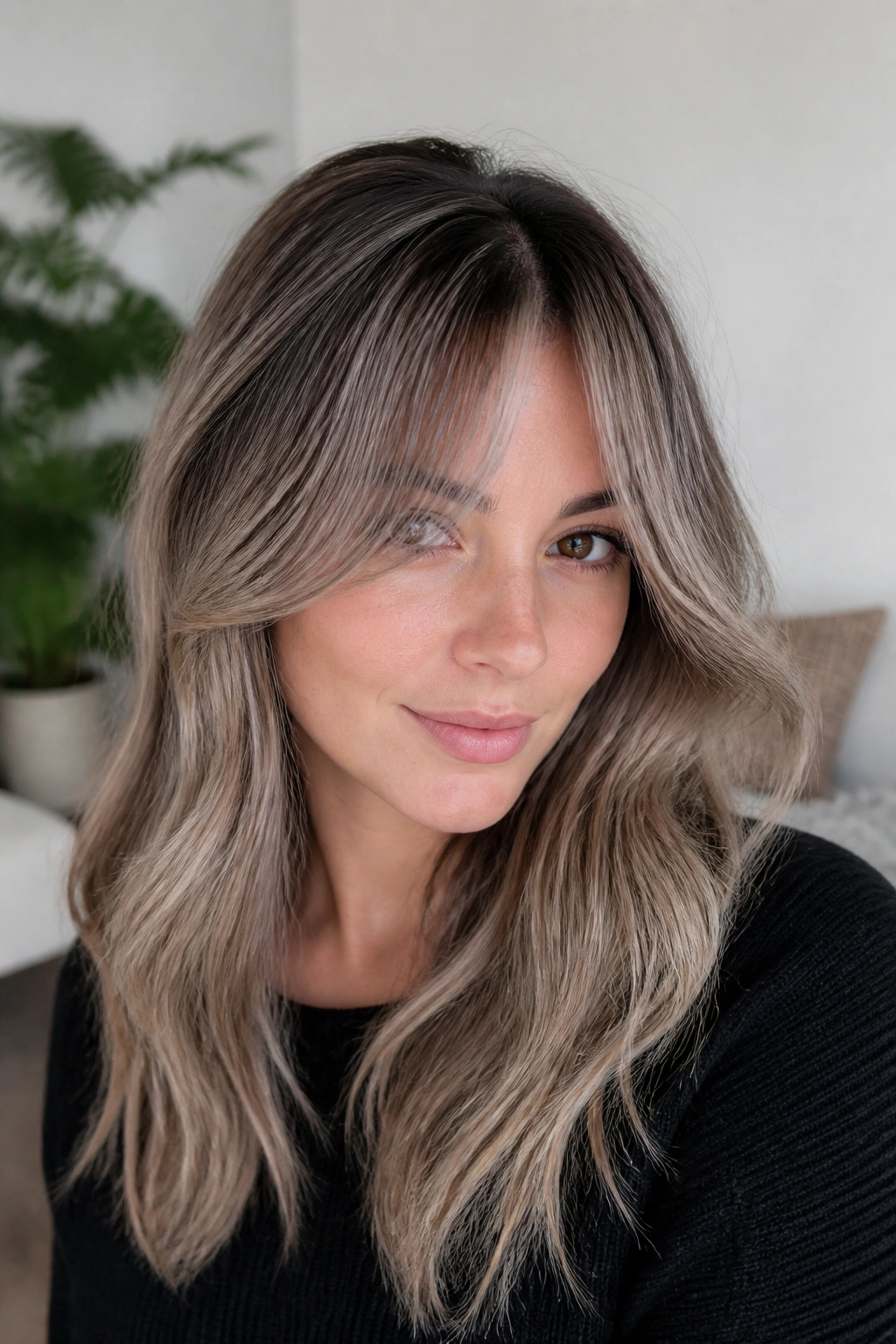 Real woman with dimensional ash curtain bangs and balayage in bright living room