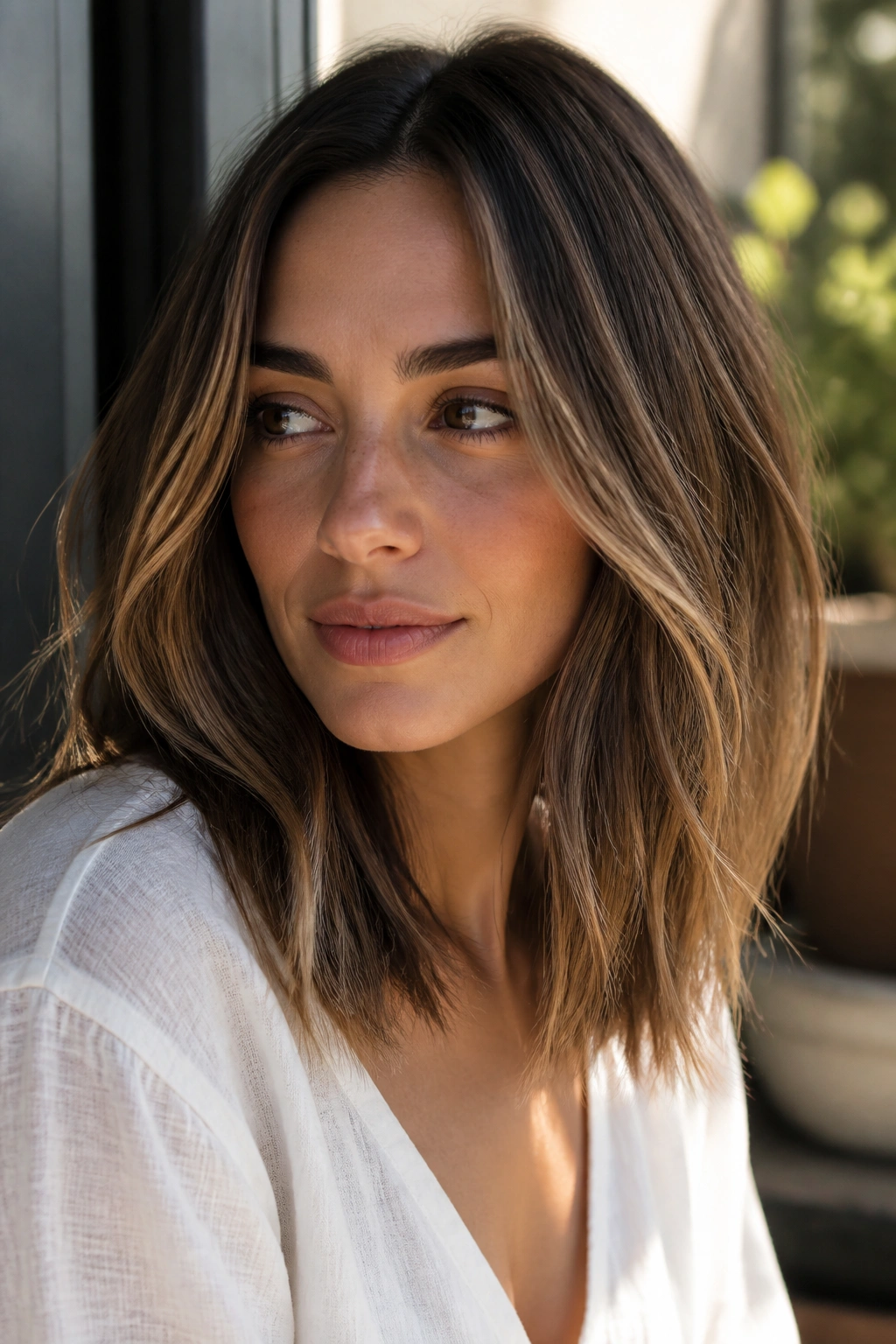 Close-up of brunette with dimensional babylights in natural light